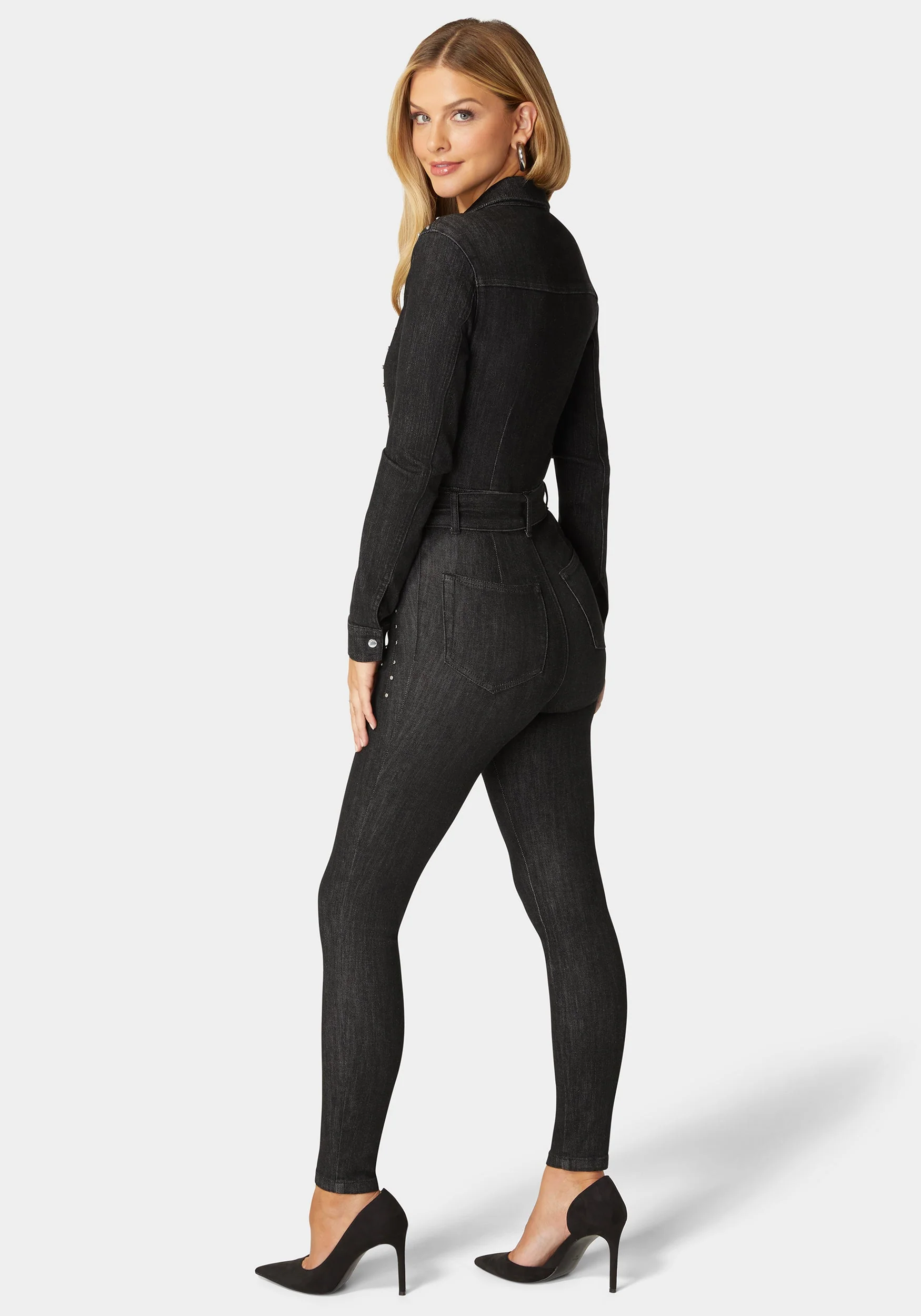 Skinny Studded Zip Up Front Denim Jumpsuit - Image 3