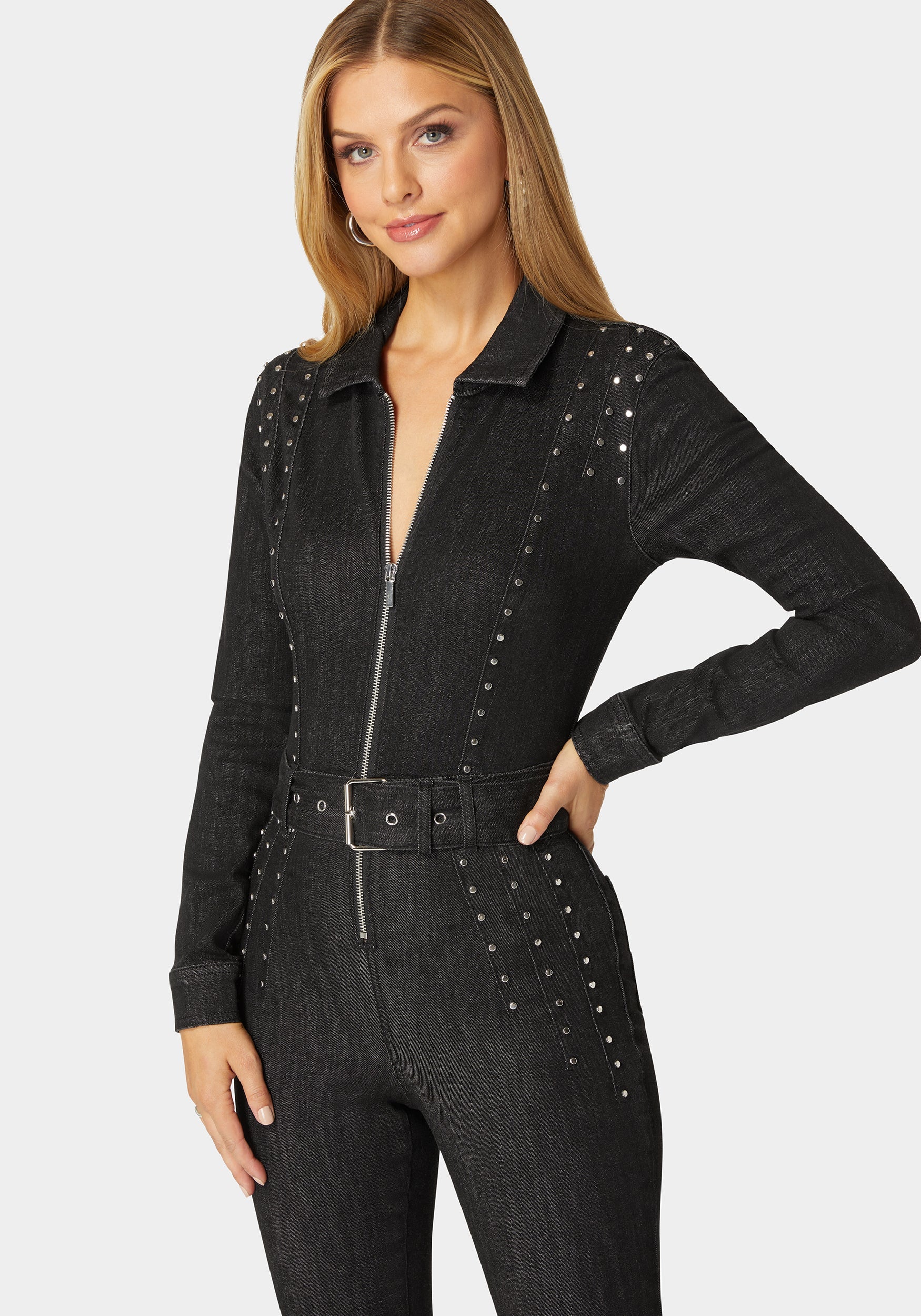 Skinny Studded Zip Up Front Denim Jumpsuit - Image 4