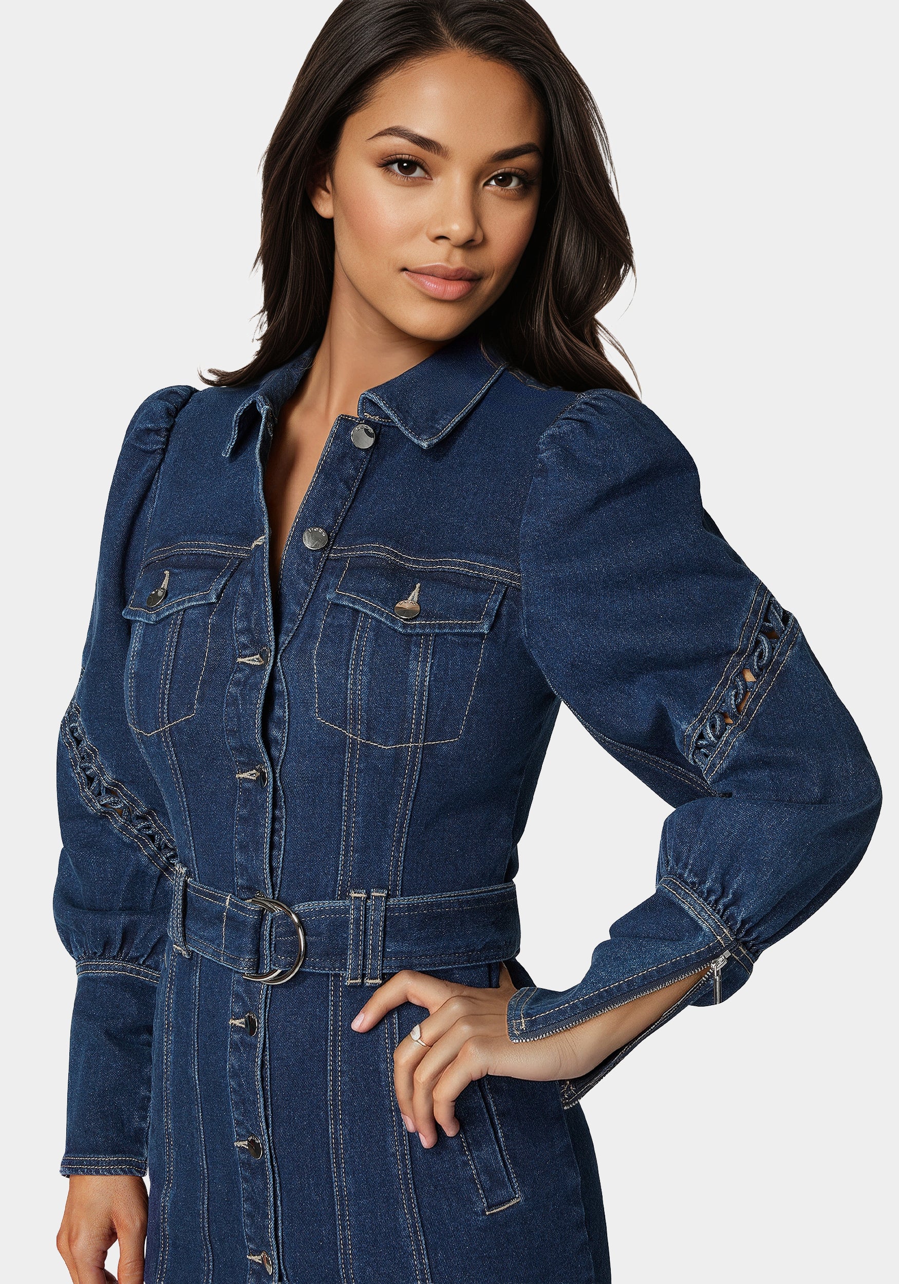 Sleeve Detail Front Button Denim Dress - Image 3