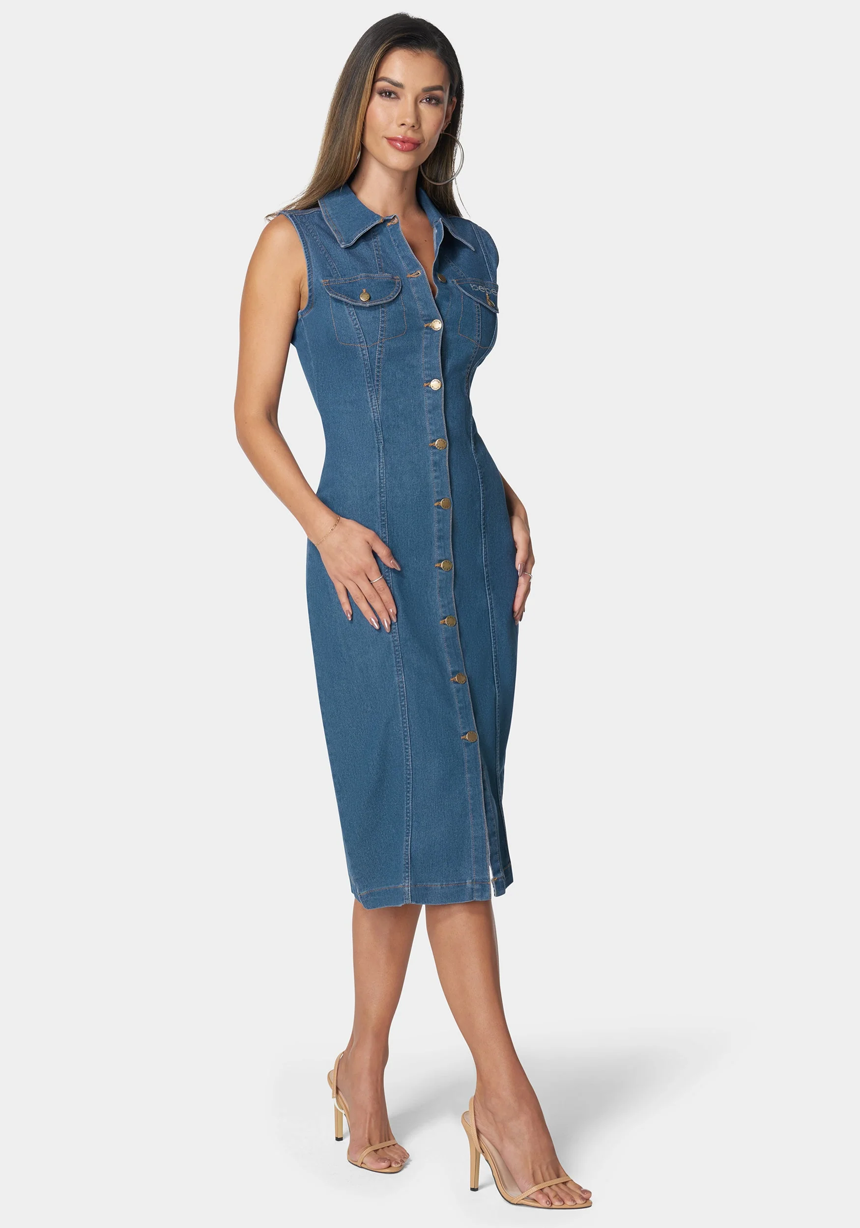 Sleeveless Front Button Denim Dress - Image 2