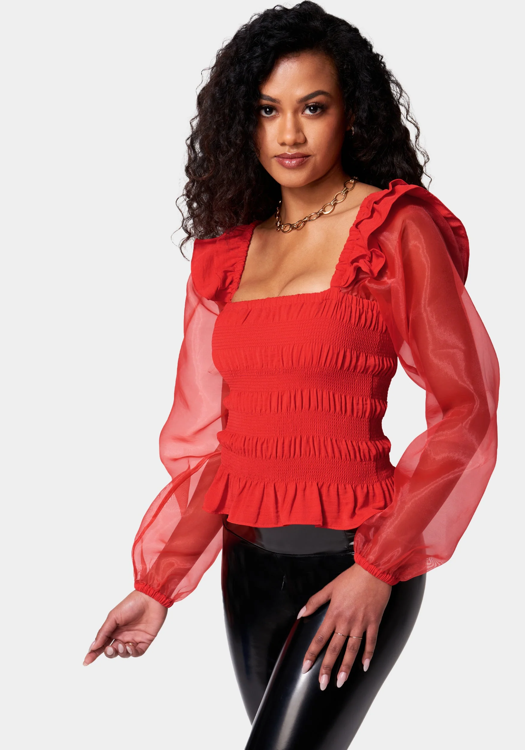Smocked Body Chiffon Sleeve Top - Image 2