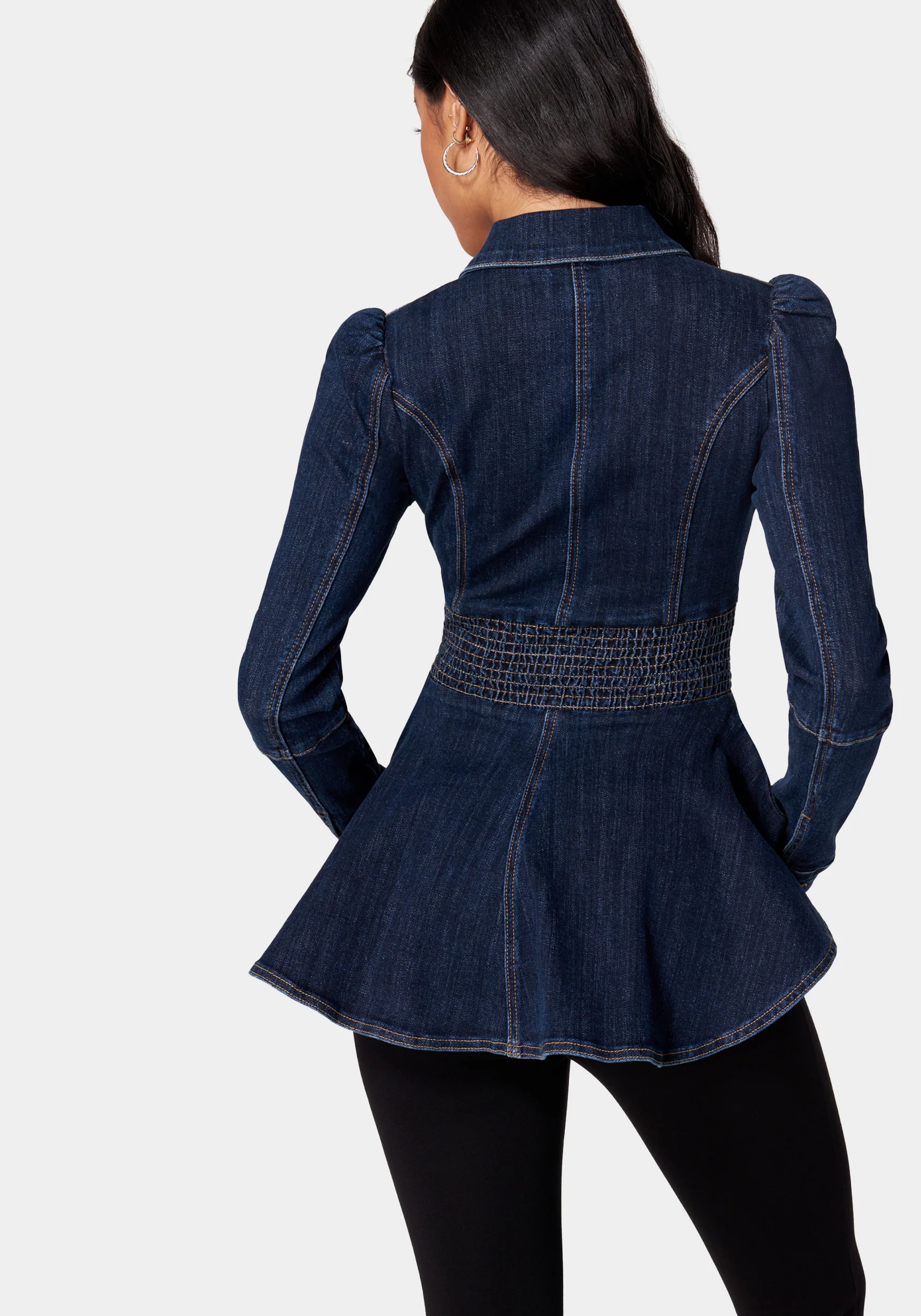 Smocked Waist Front Zip Denim Jacket - Image 3