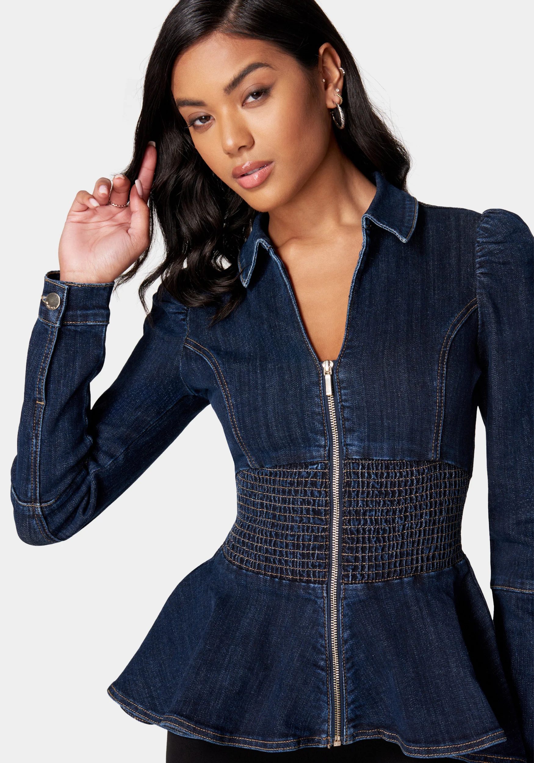 Smocked Waist Front Zip Denim Jacket - Image 4