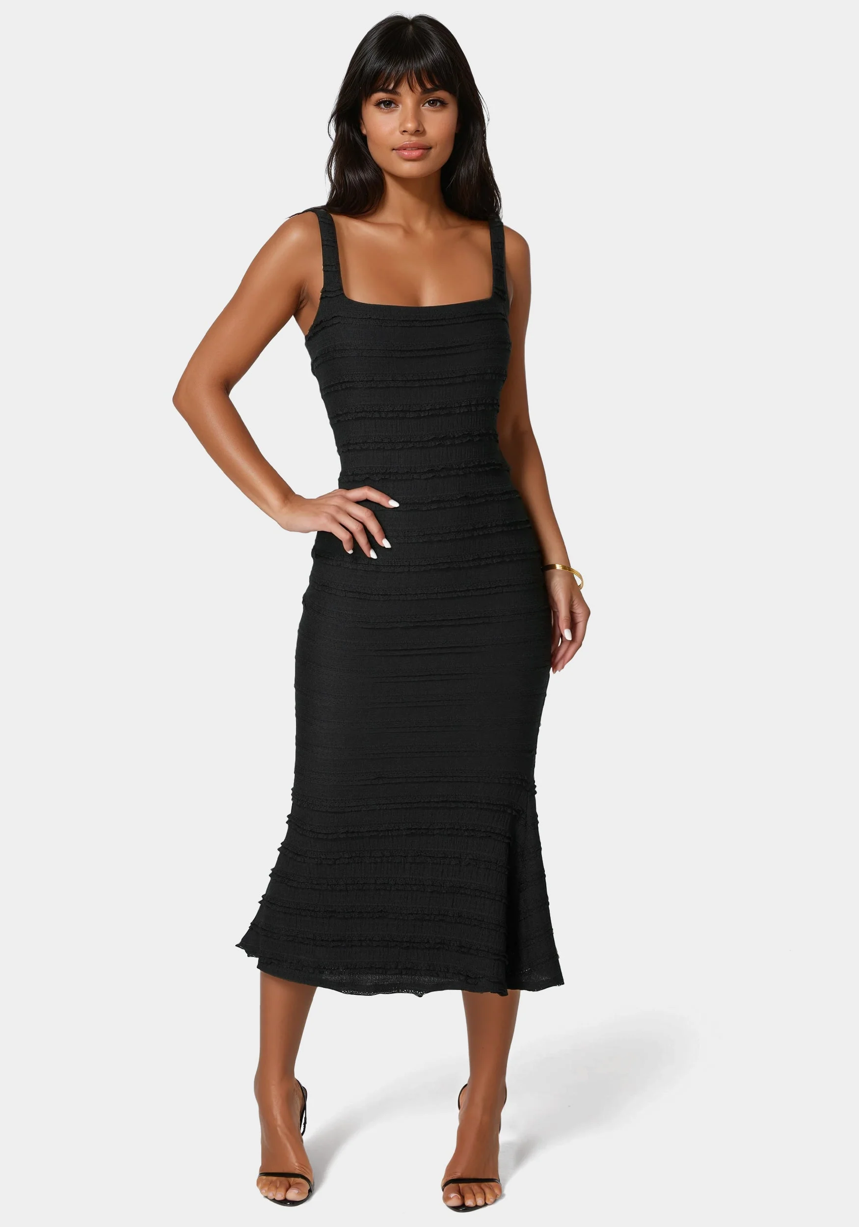 Square Neck Fluted Hem Midi Dress