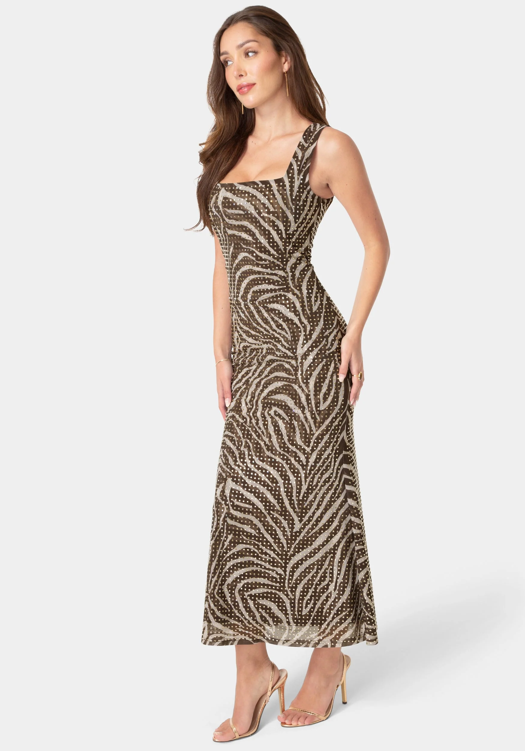 Square Neck Hotfix Mesh Maxi Dress - Image 2