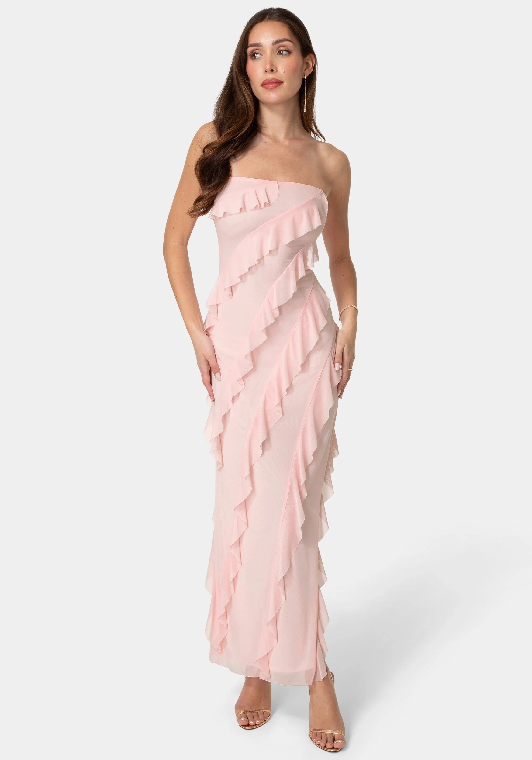 Strapless Mesh Ruffle Maxi Dress