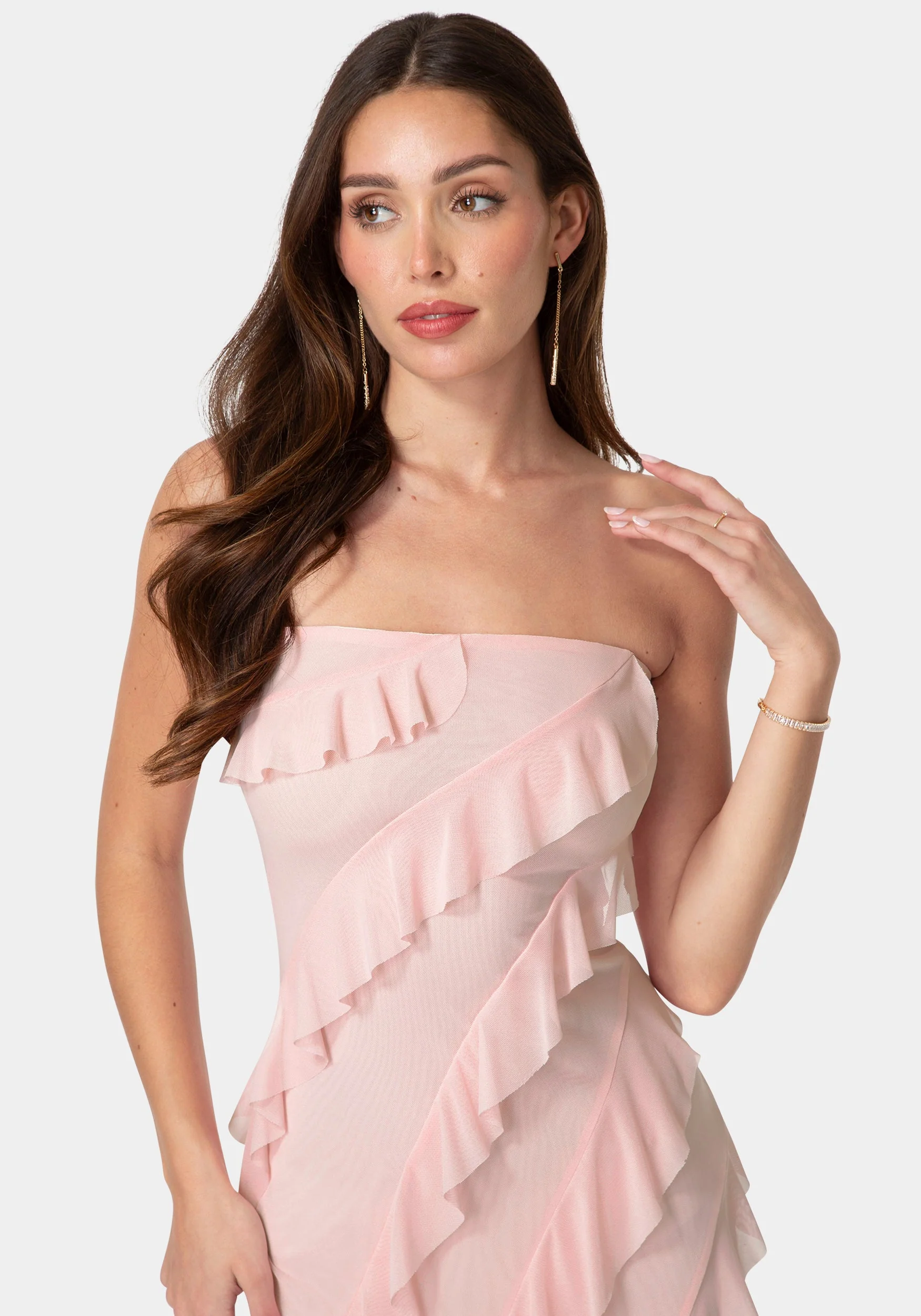Strapless Mesh Ruffle Maxi Dress - Image 4
