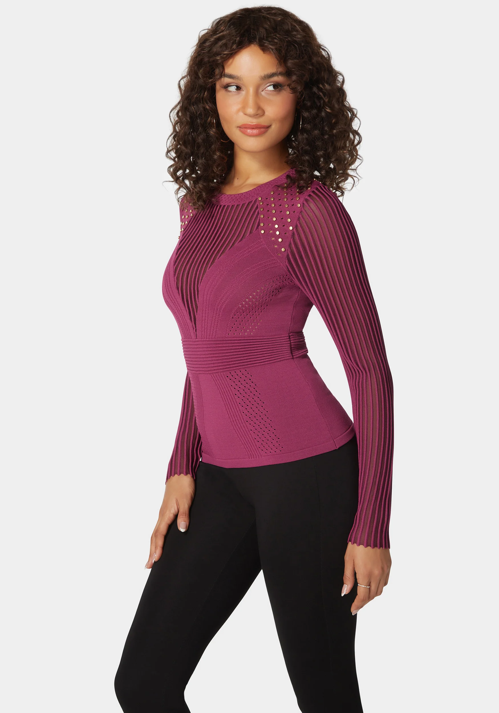 Stud Detail Shadow Stripe Sweater Top - Image 2