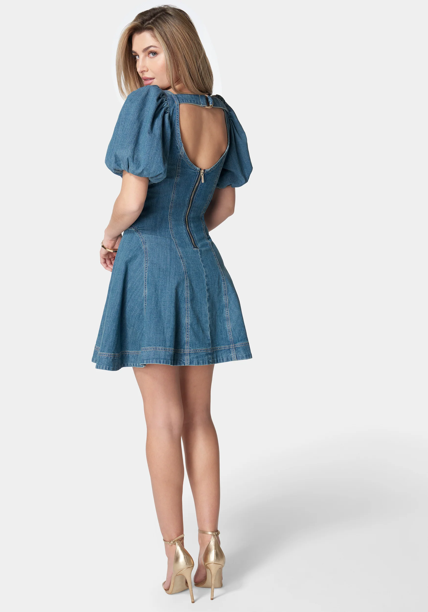 Sweetheart Balloon Puff Sleeve Denim Dress - Image 3