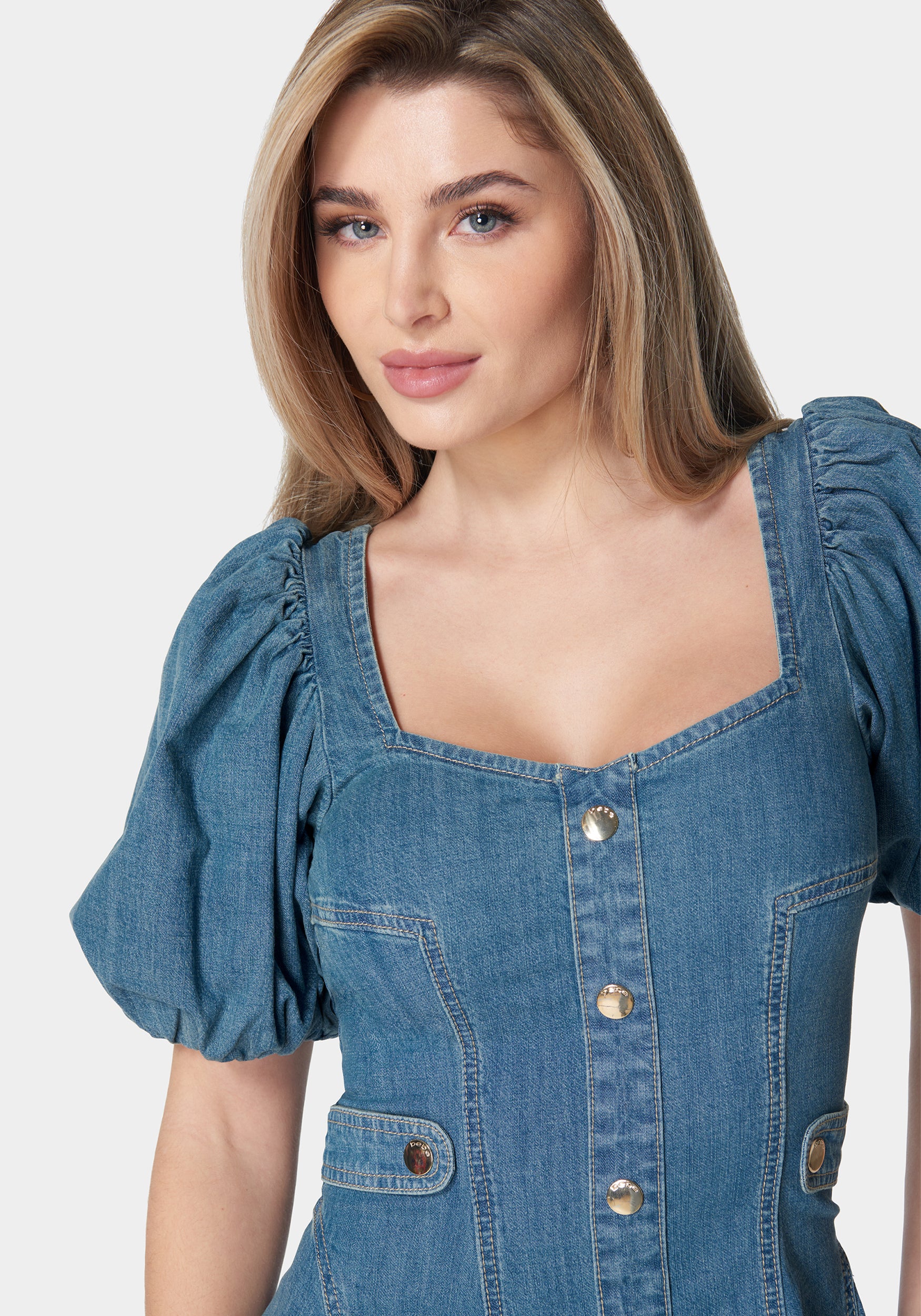 Sweetheart Balloon Puff Sleeve Denim Dress - Image 4