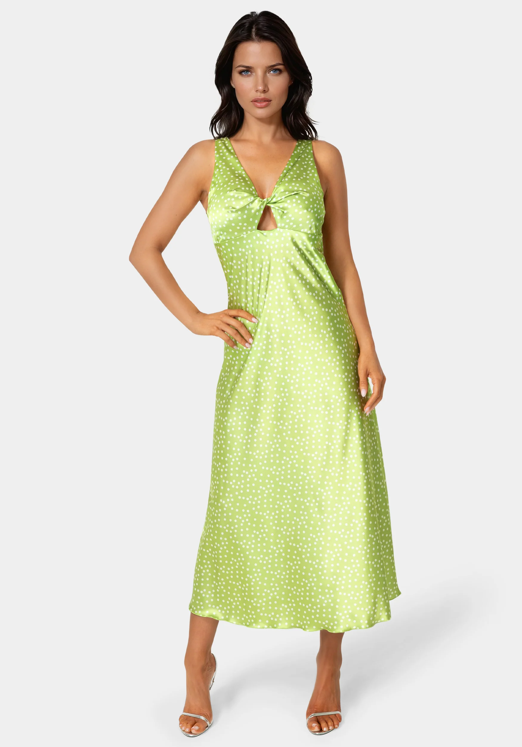 Swiss Dot Satin Twist Front Maxi Dress