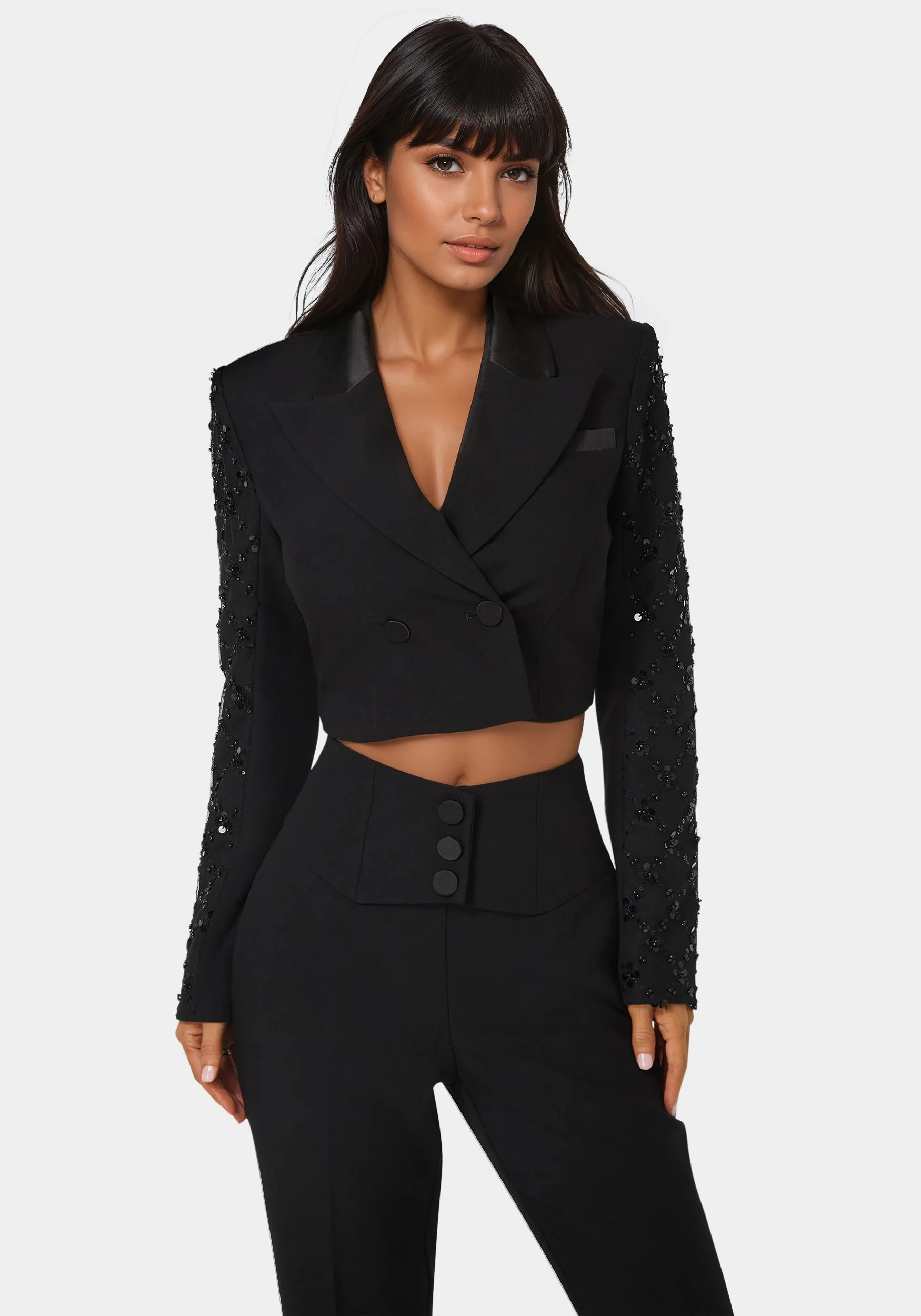 Tailored Beaded Sleeves Cropped Blazer