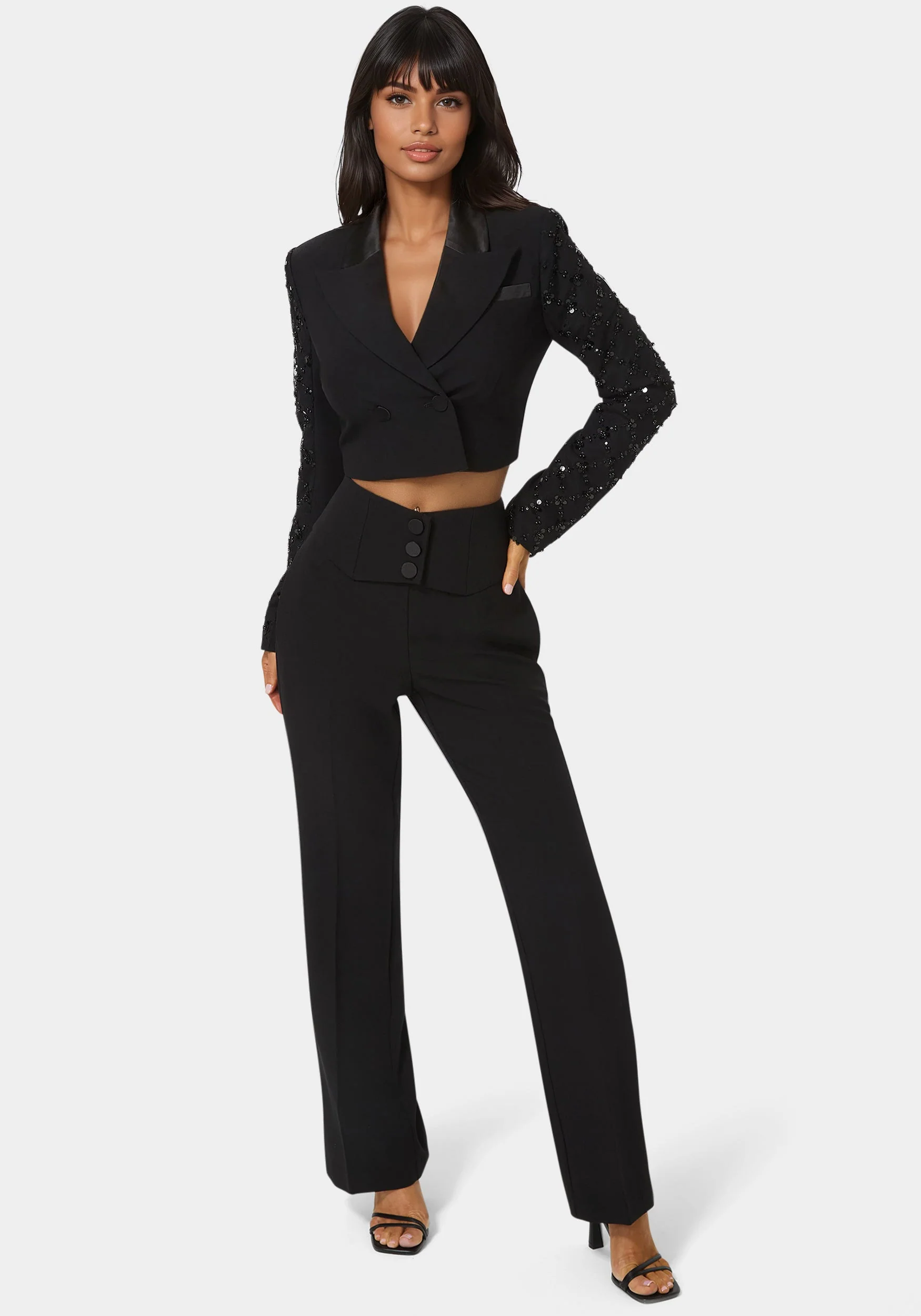 Tailored Beaded Sleeves Cropped Blazer - Image 3