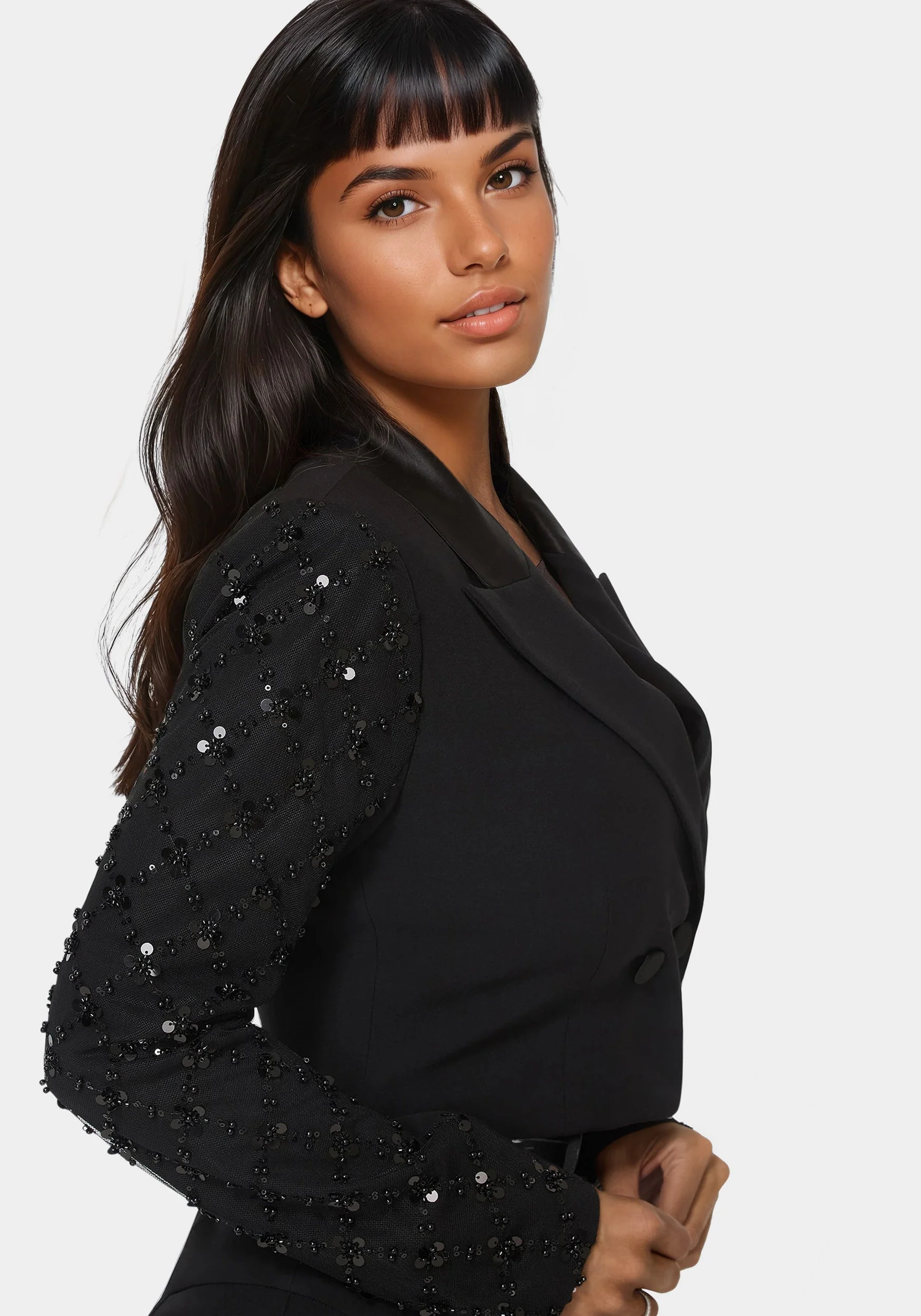Tailored Beaded Sleeves Cropped Blazer - Image 5