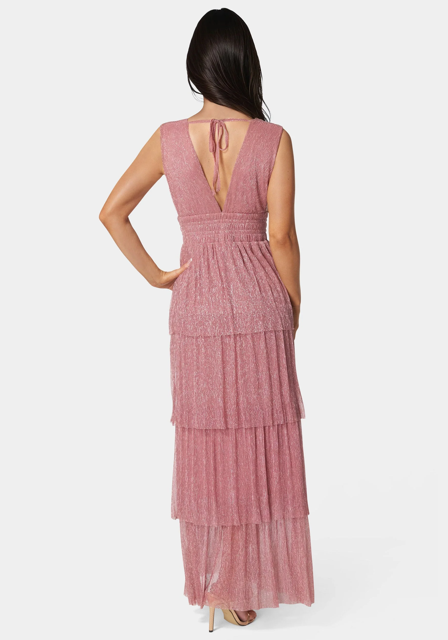 Tiered Plunge Neck Lurex Midi Dress - Image 3