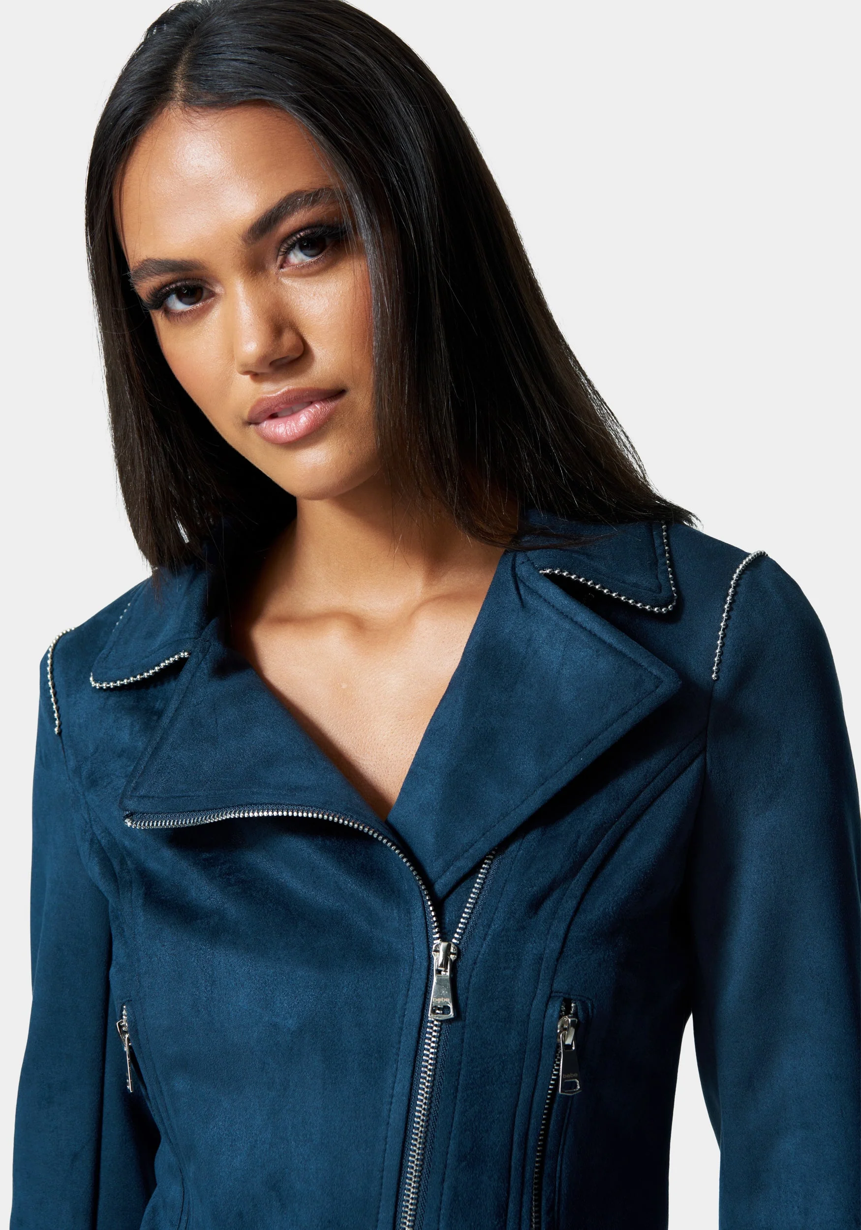 Vegan Suede Trim Detail Moto Jacket - Image 4