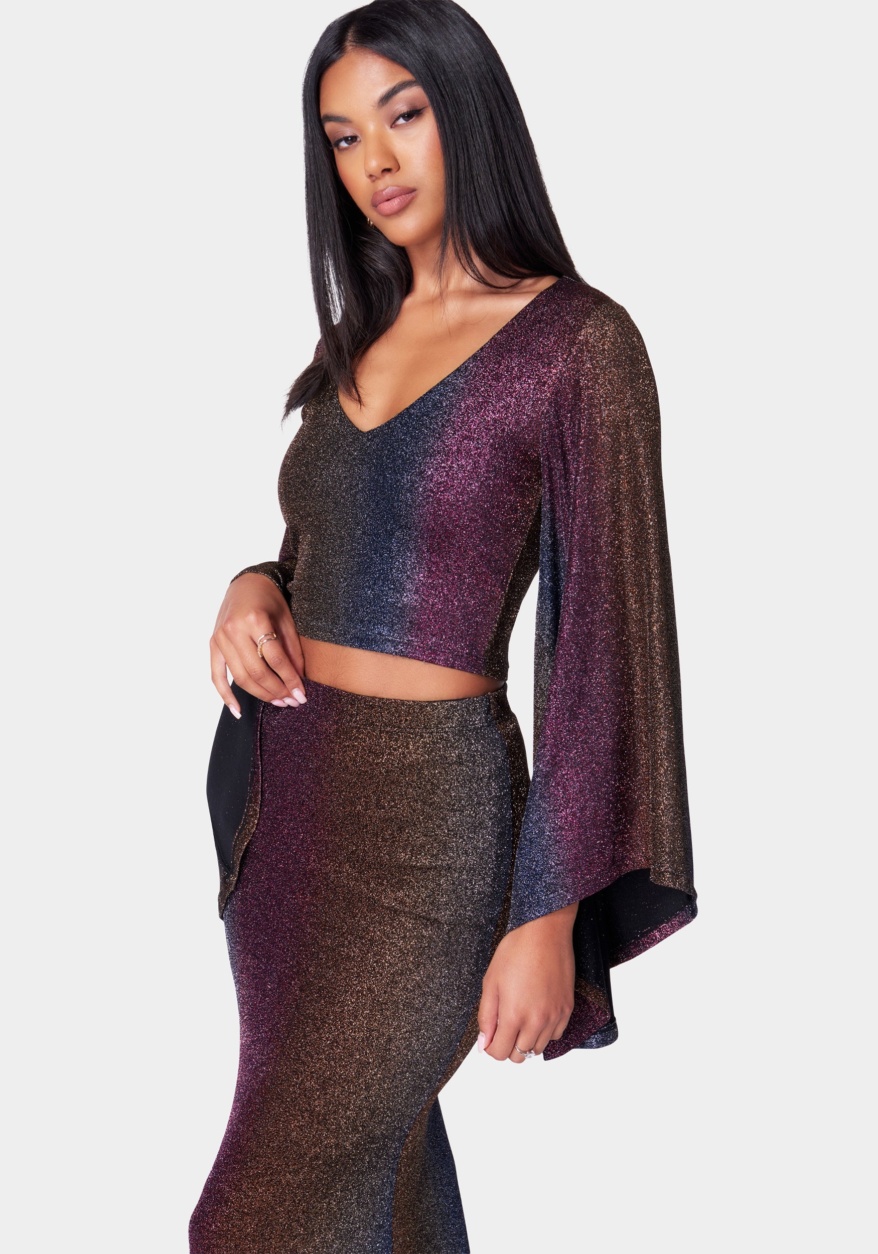 V Neck Bell Sleeve Ombre Knit Top - Image 2