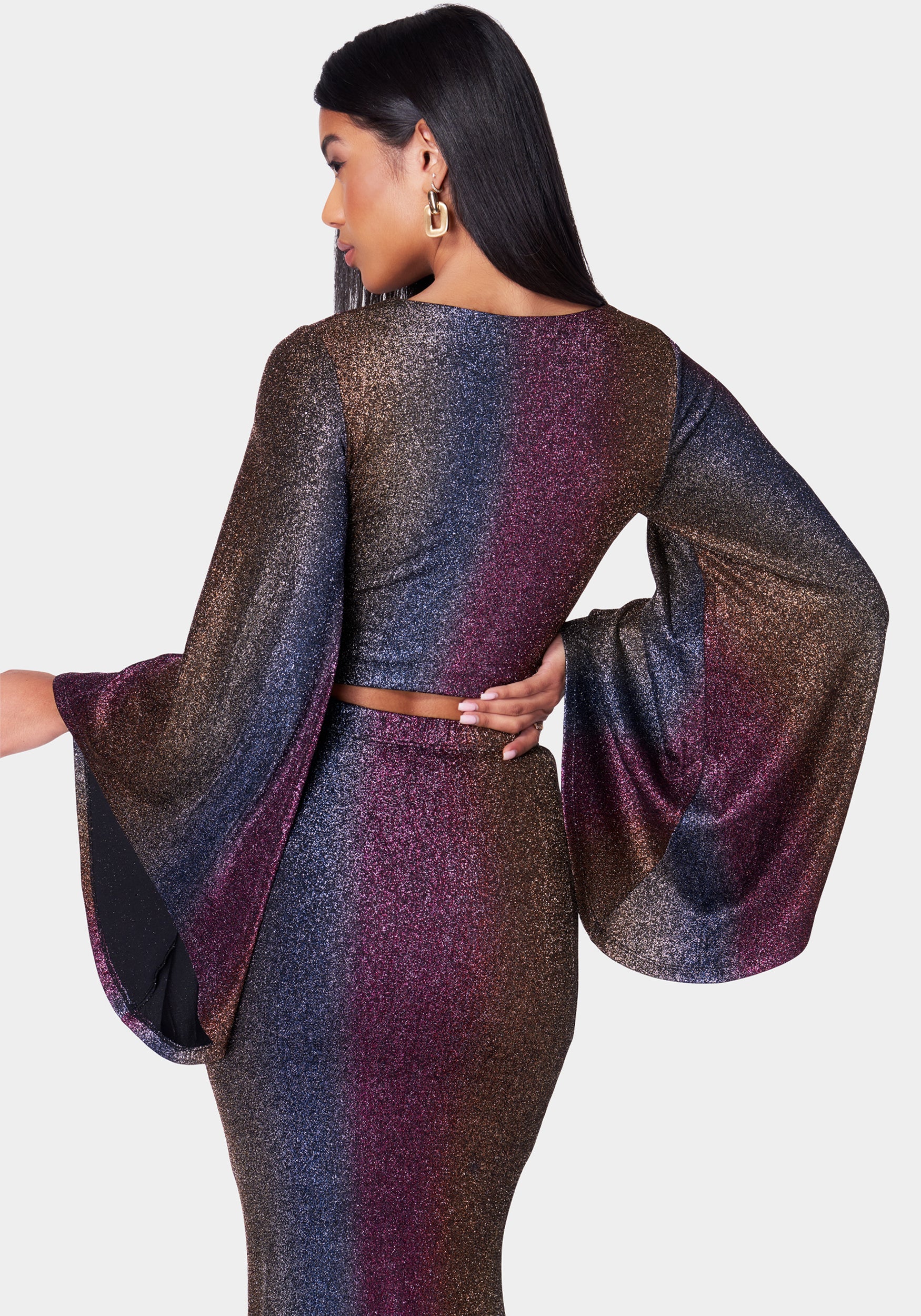 V Neck Bell Sleeve Ombre Knit Top - Image 3