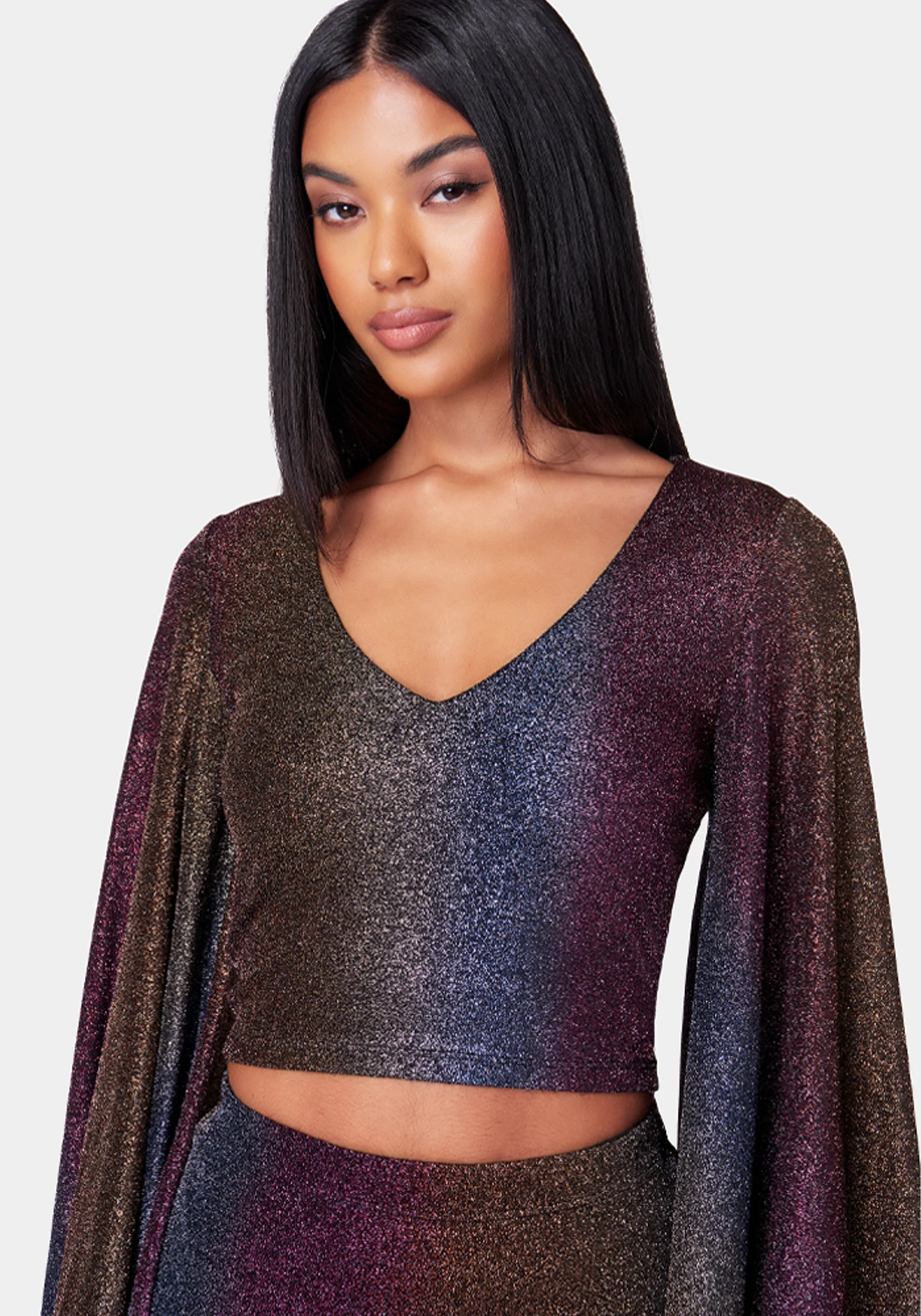V Neck Bell Sleeve Ombre Knit Top - Image 4