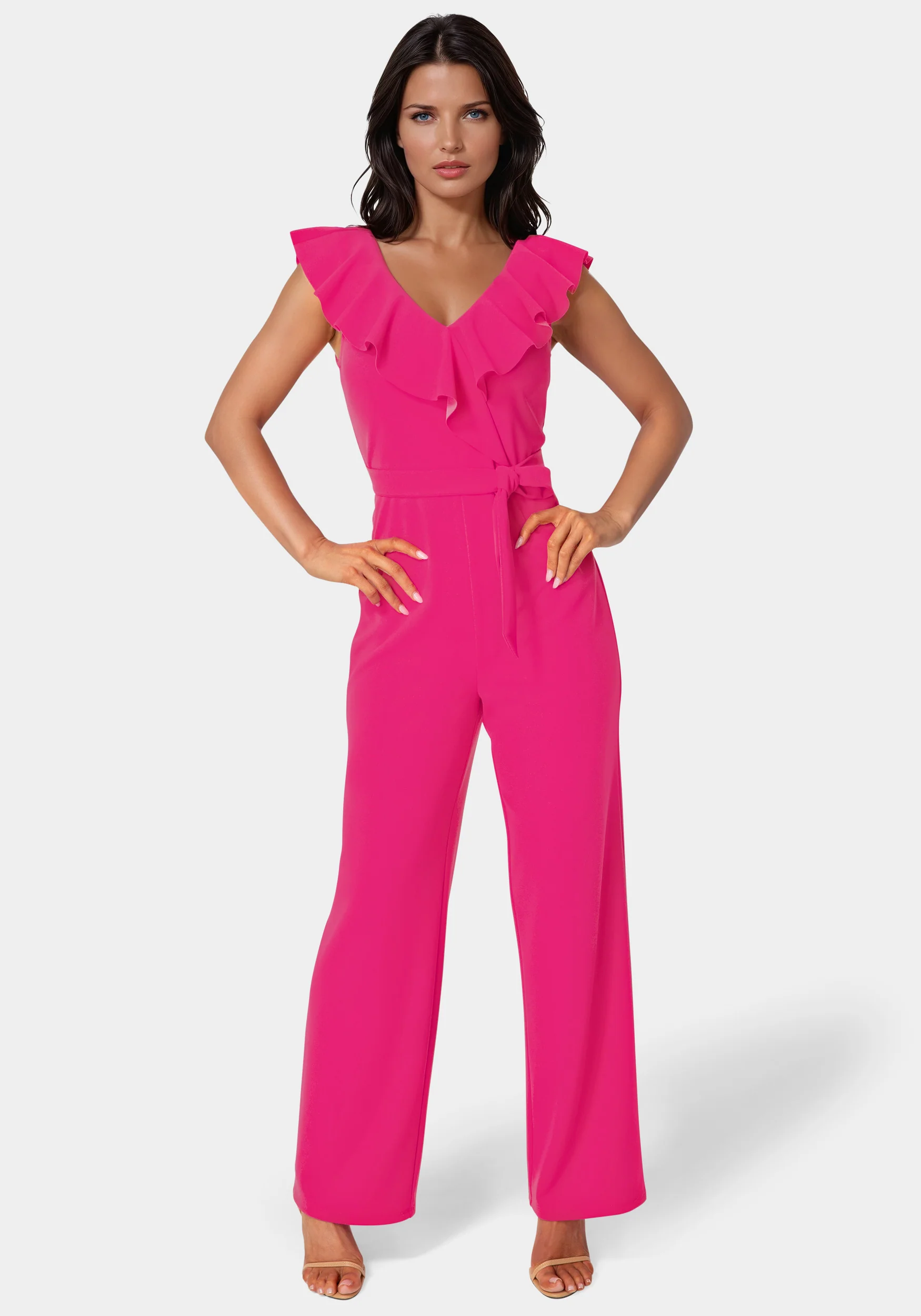 V-Neck Ruffle Scuba Crepe Jumpsuit