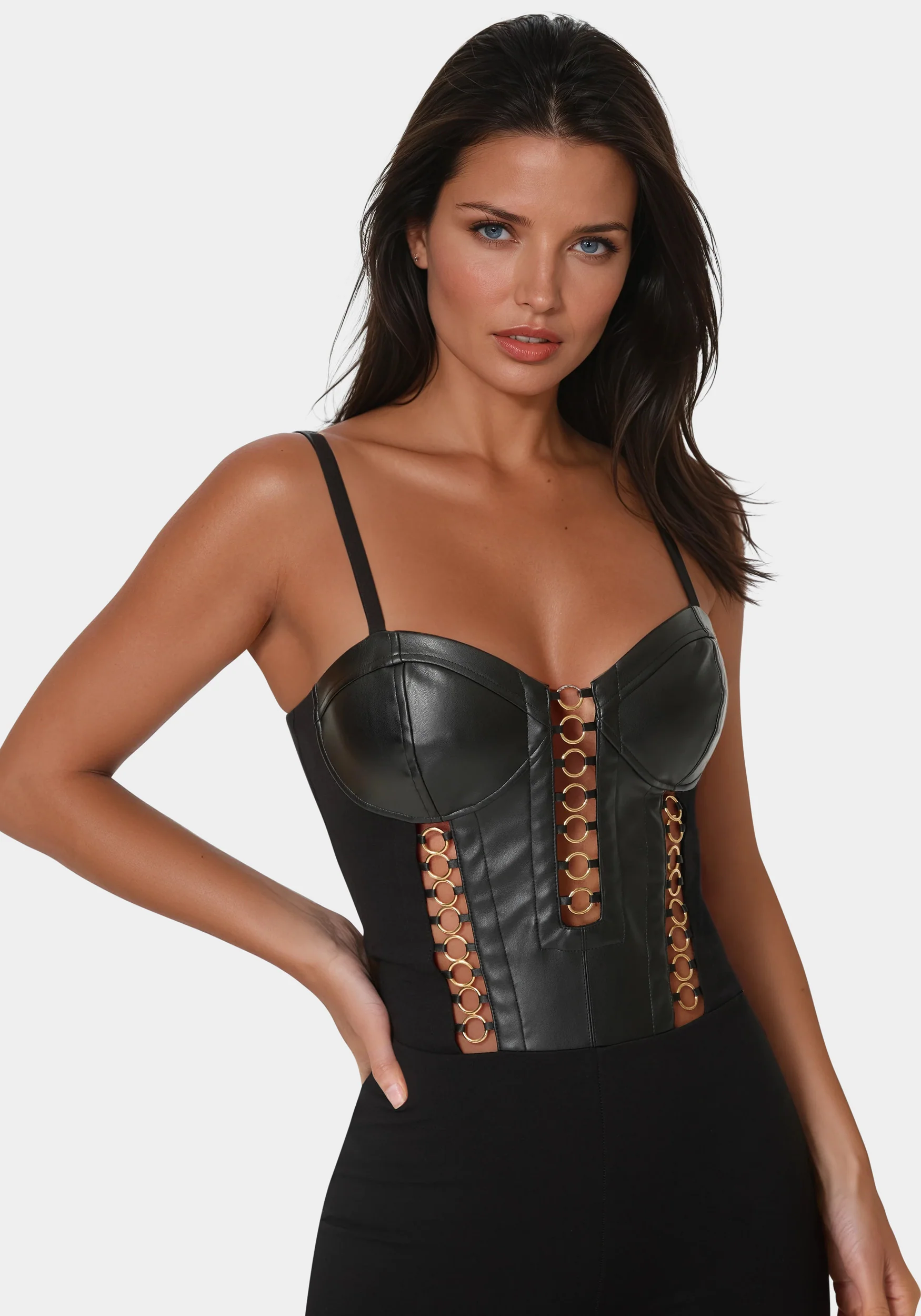 Vegan Leather Combo Ring Detail Pdr Catsuit - Image 3