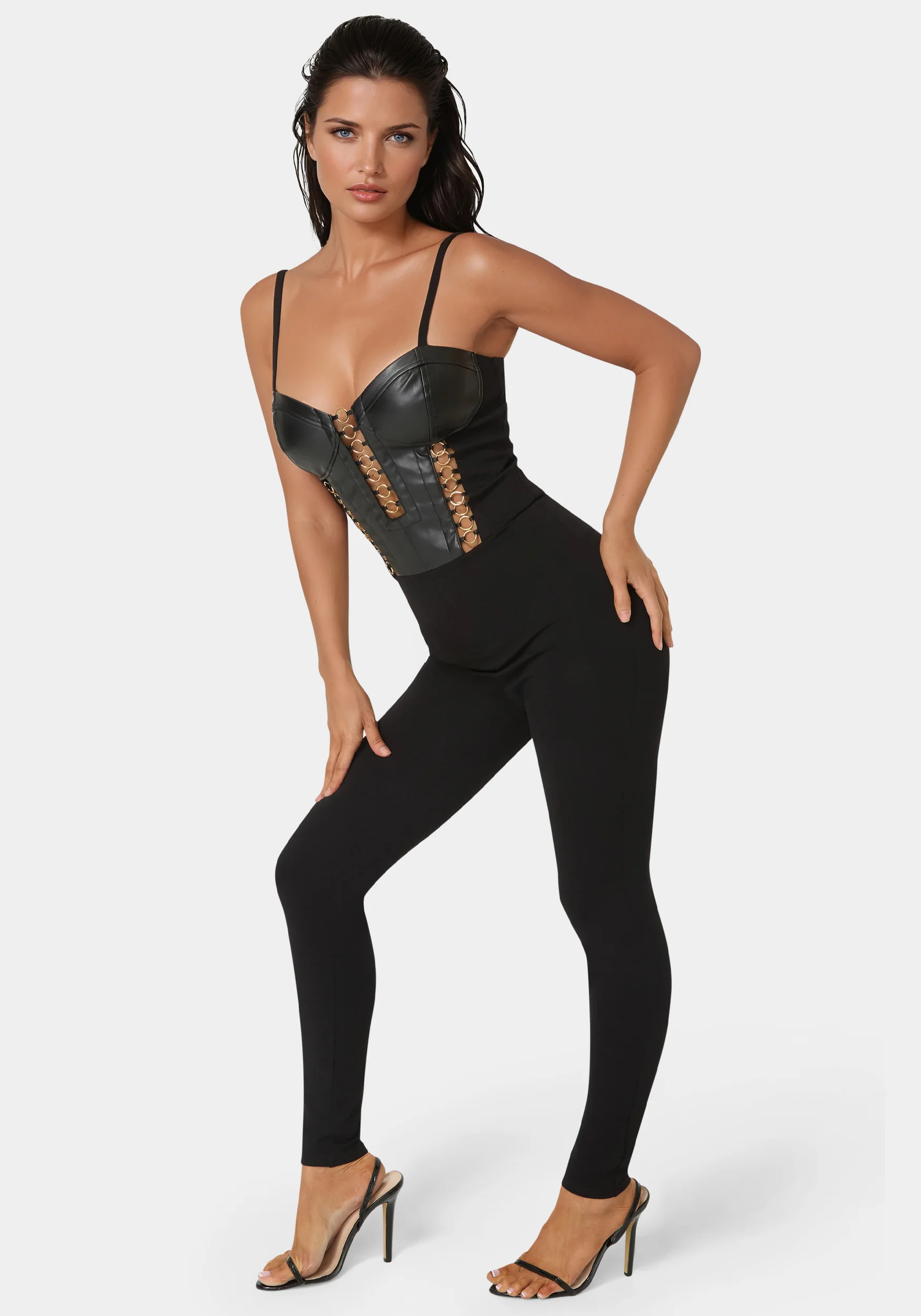 Vegan Leather Combo Ring Detail Pdr Catsuit - Image 4