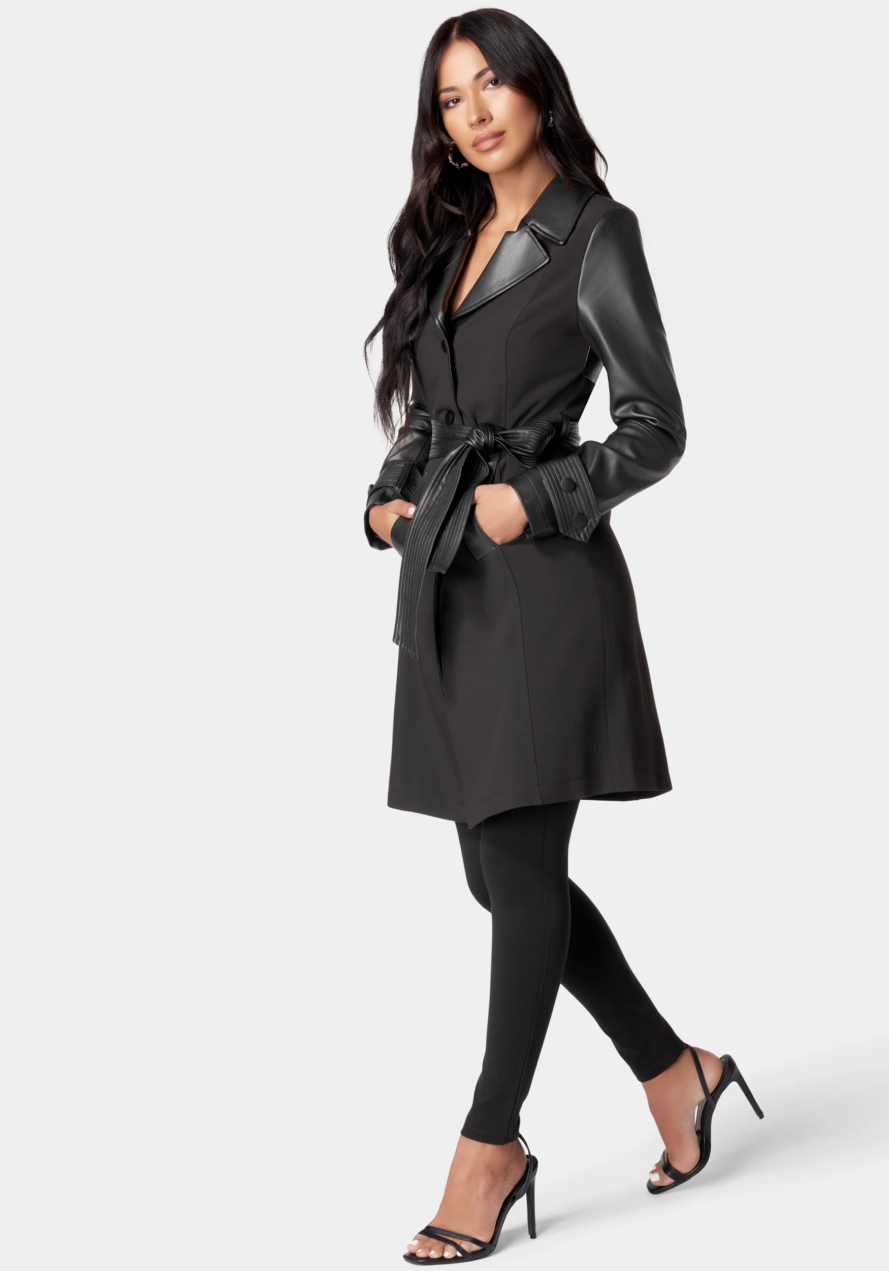 Vegan Leather Combo Woven Twill Trench Coat - Image 2
