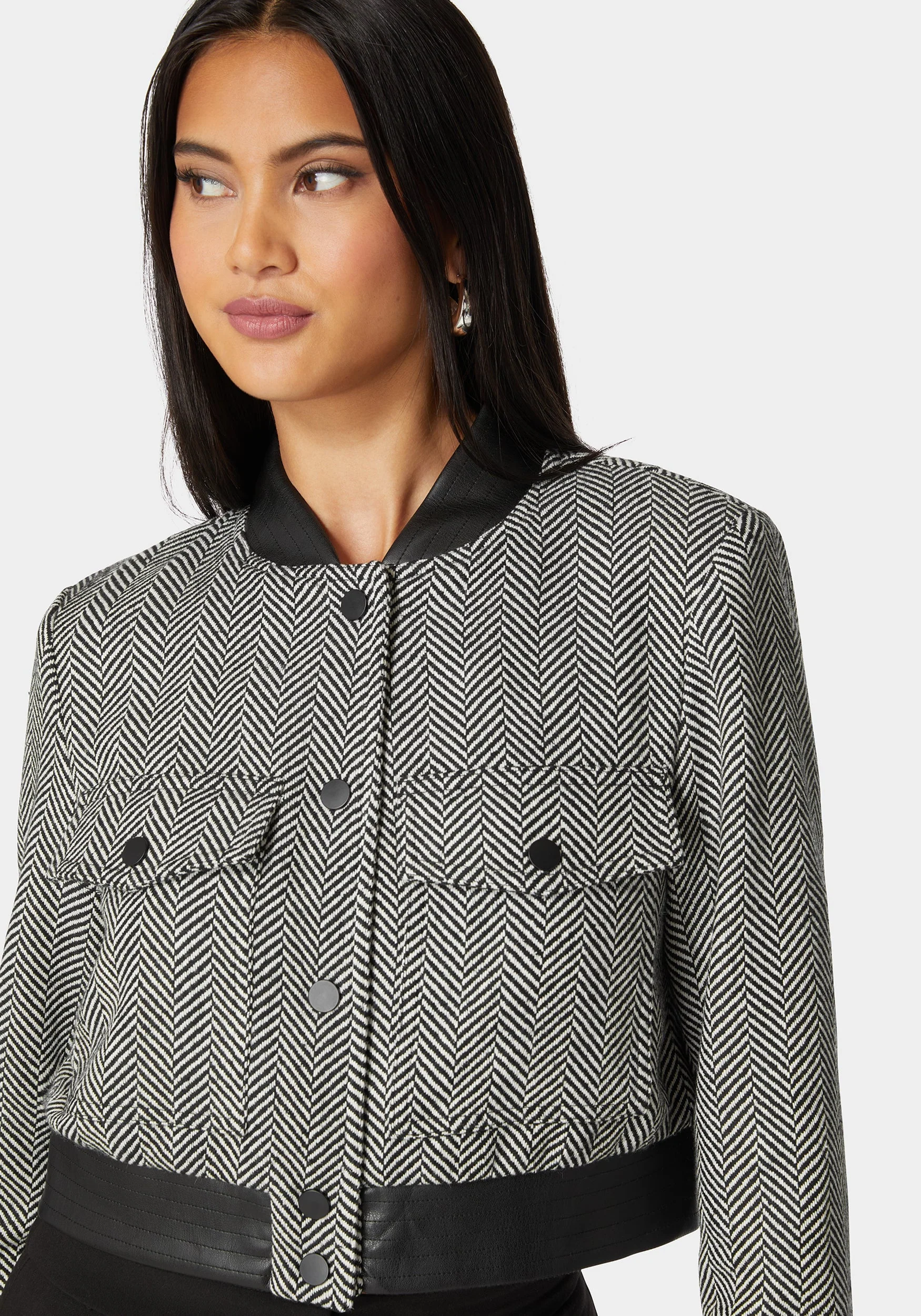 Vegan Leather Detail Novelty Chevron Jacket - Image 4