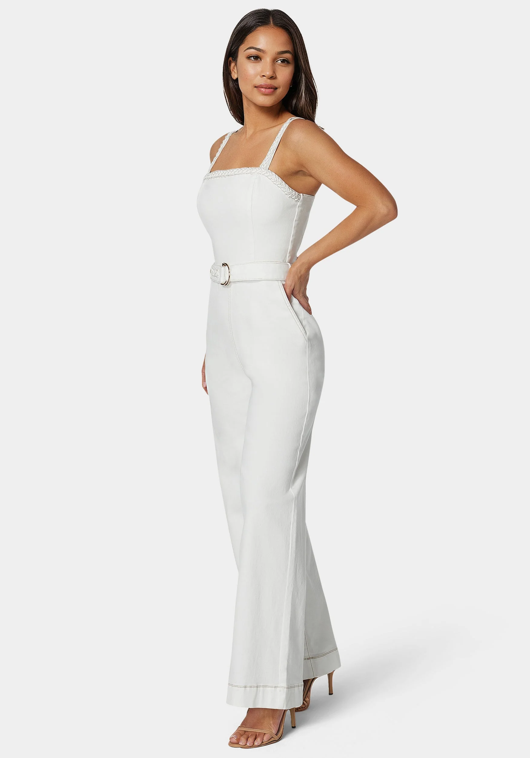 White Braided Wide Leg Denim Jumpsuit - Image 2