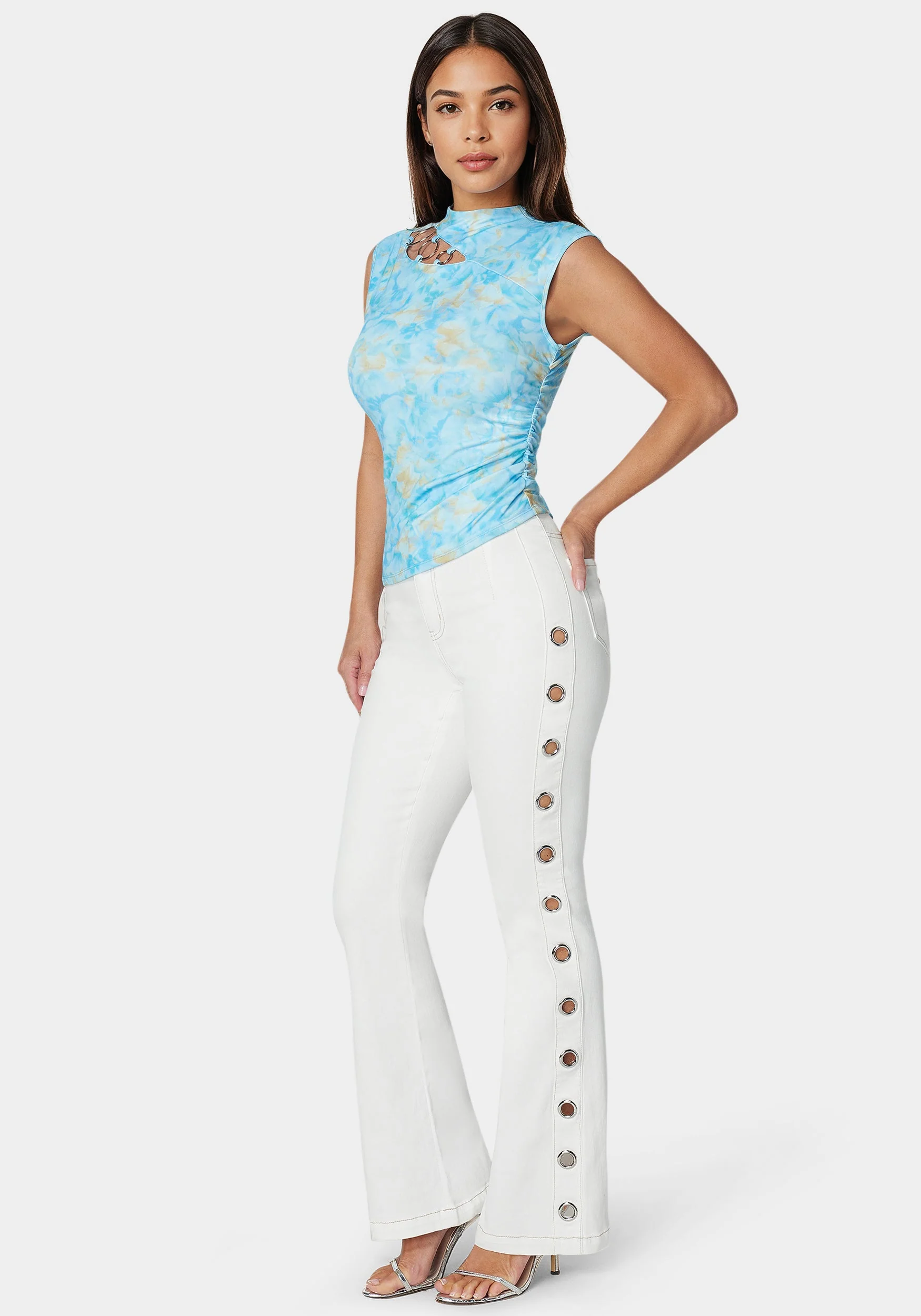 White High Waist Flared Grommet Jeans - Image 2
