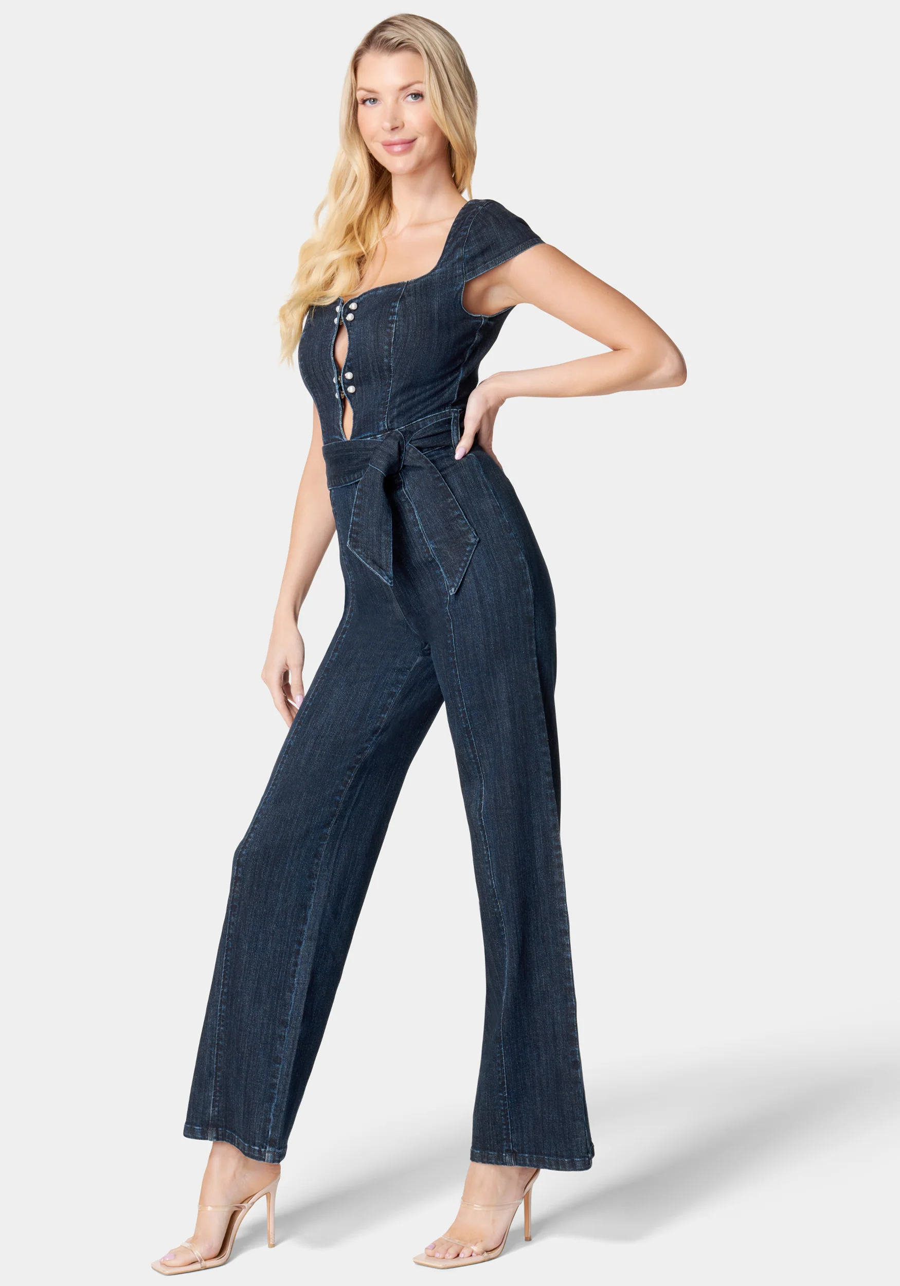 Wide Leg Pearl Detail Denim Jumpsuit - Image 2