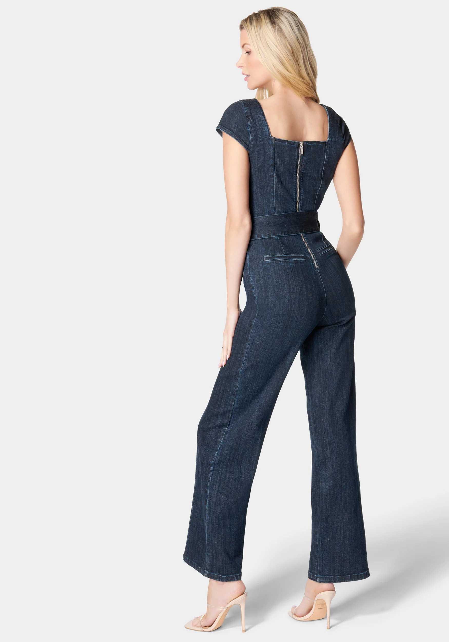 Wide Leg Pearl Detail Denim Jumpsuit - Image 3