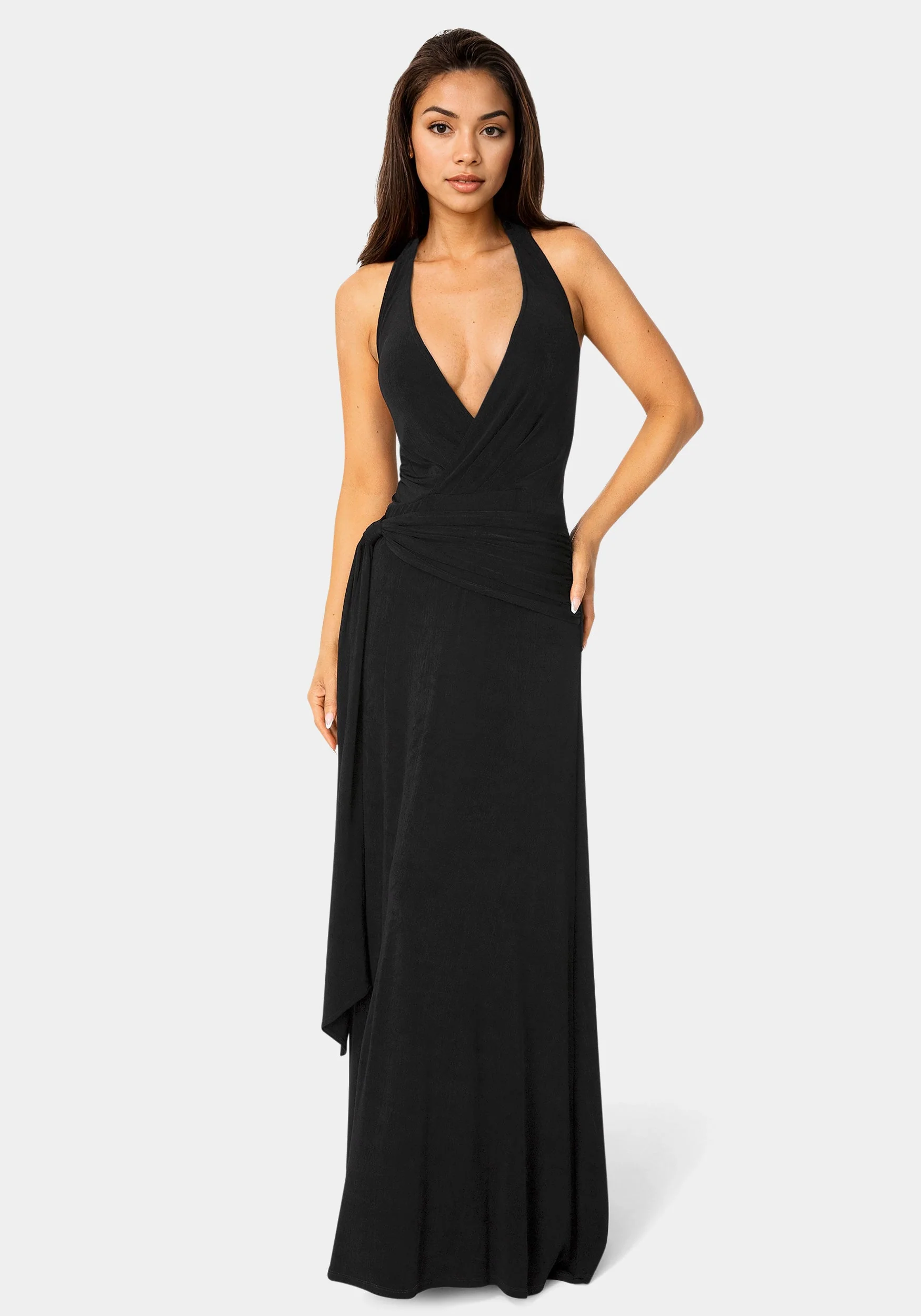 Wrap Front Plunge Neck Maxi Dress
