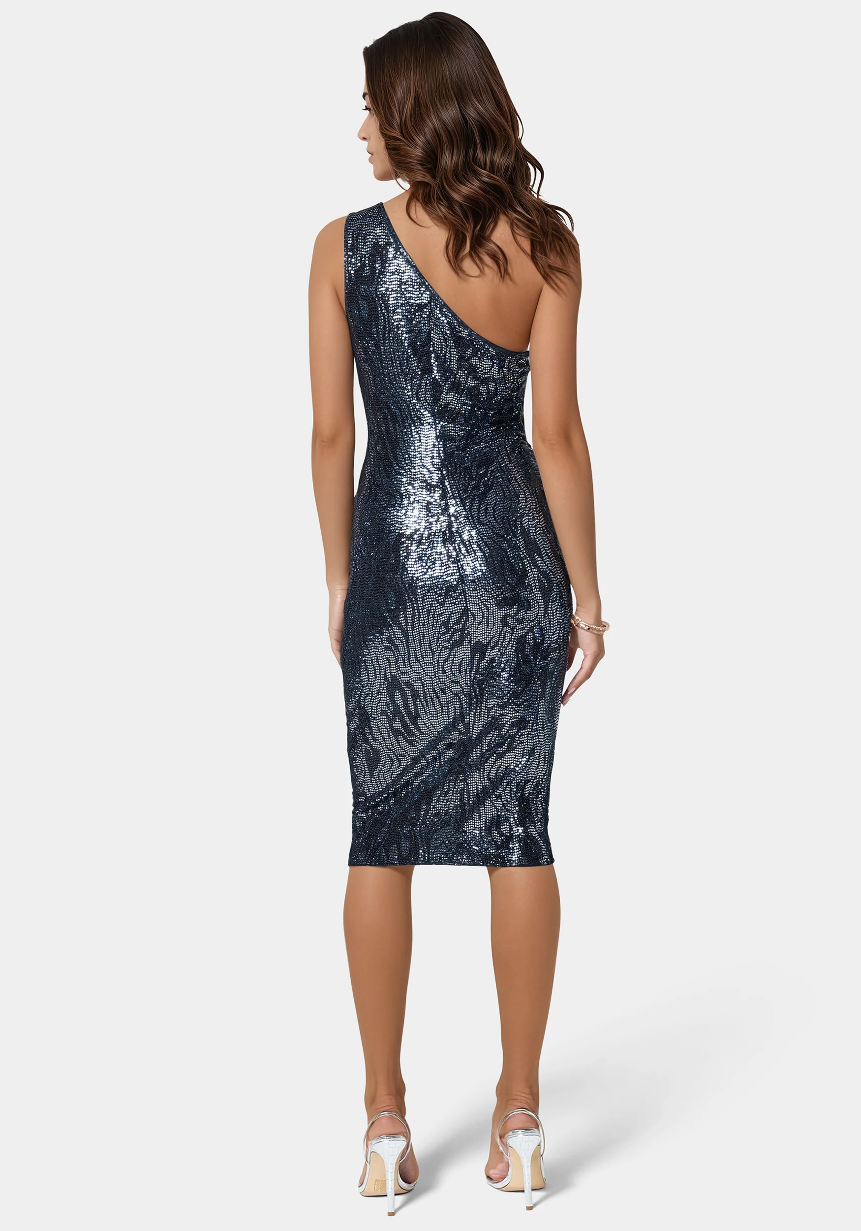 Zebra Sequin One Shoulder Midi Dress - Image 3