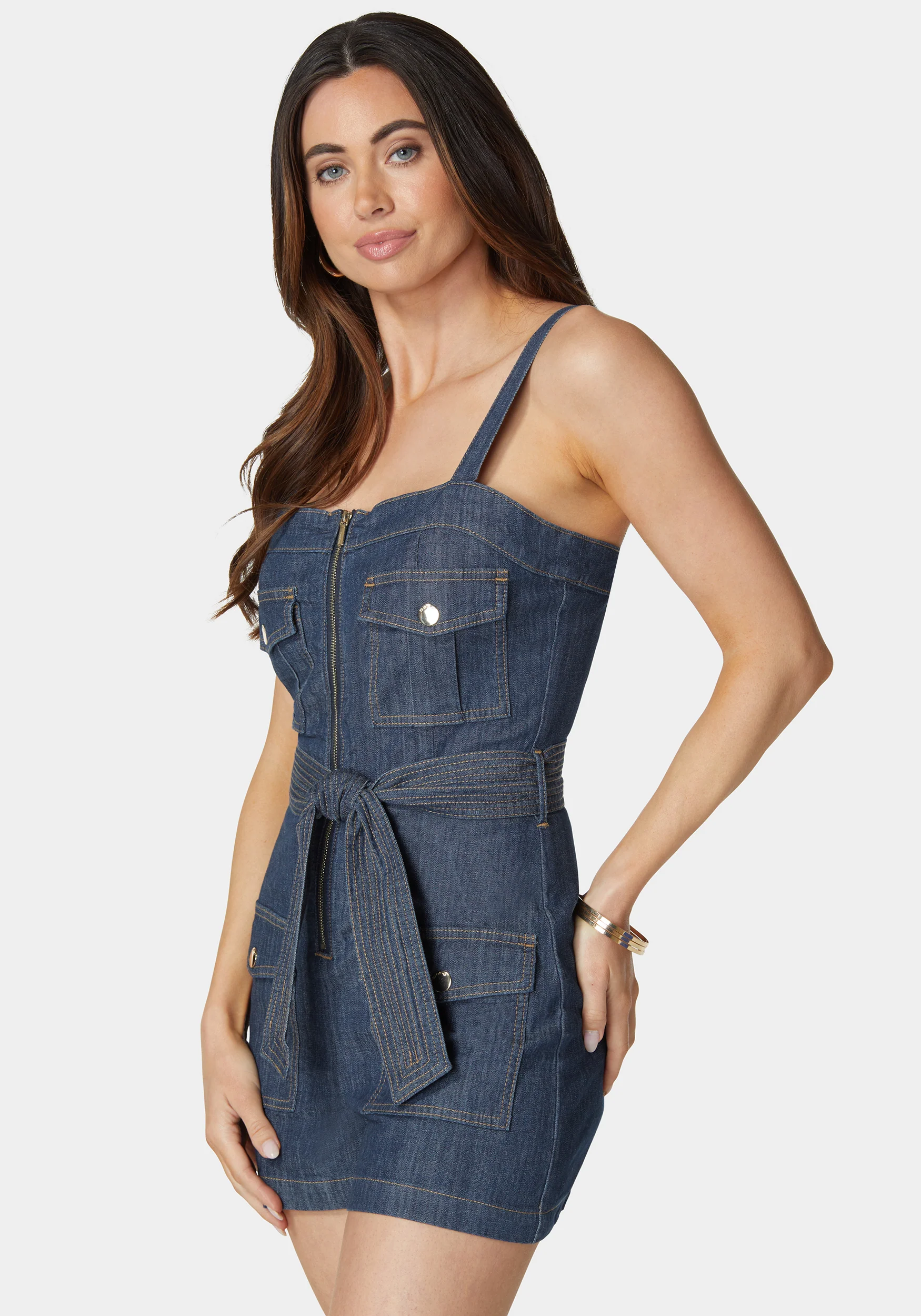Zip Front Belted Cargo Denim Romper - Image 2