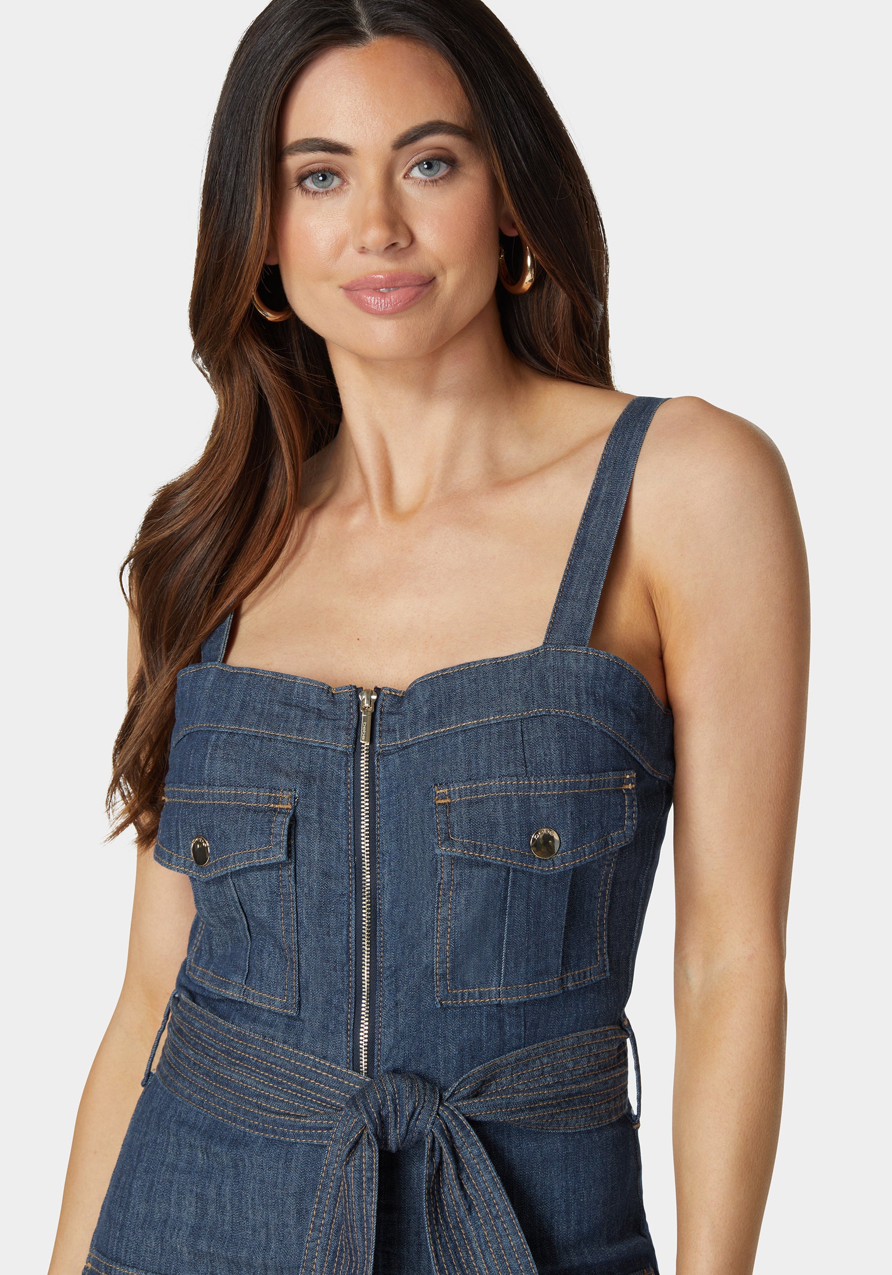 Zip Front Belted Cargo Denim Romper - Image 3