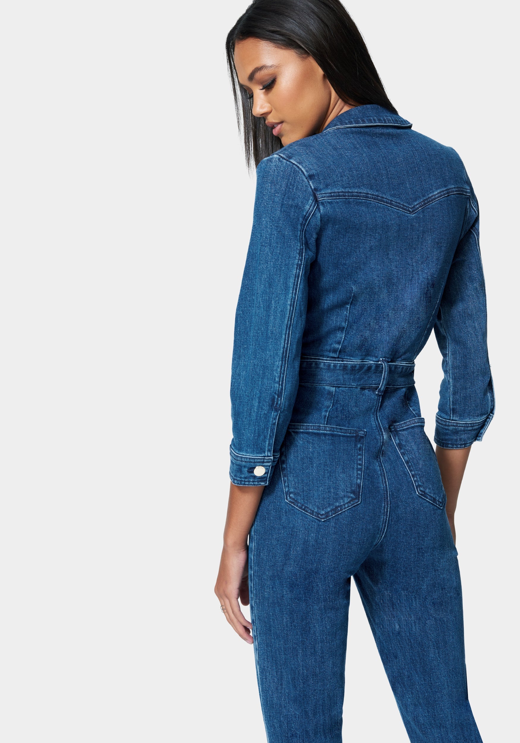 Zip Front Belted Skinny Leg Denim Jumpsuit - Image 3