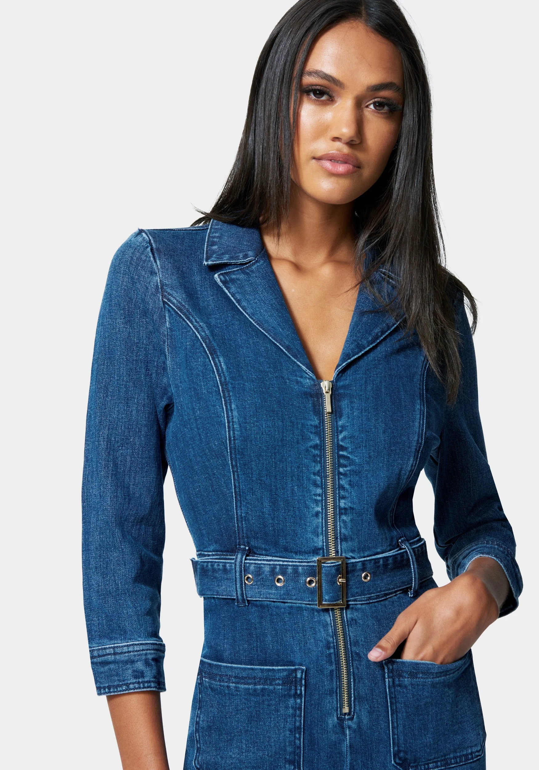Zip Front Belted Skinny Leg Denim Jumpsuit - Image 4