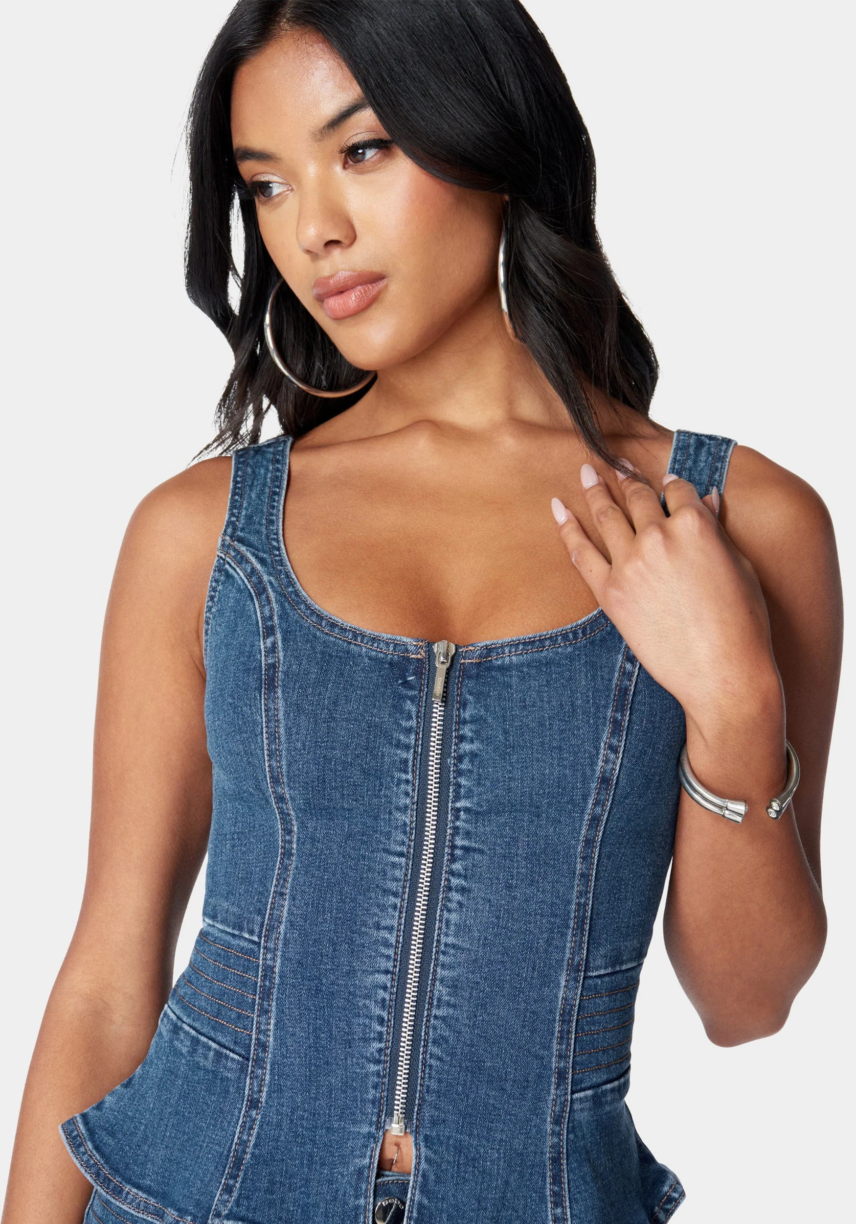 Zip Front Peplum Denim Top - Image 4
