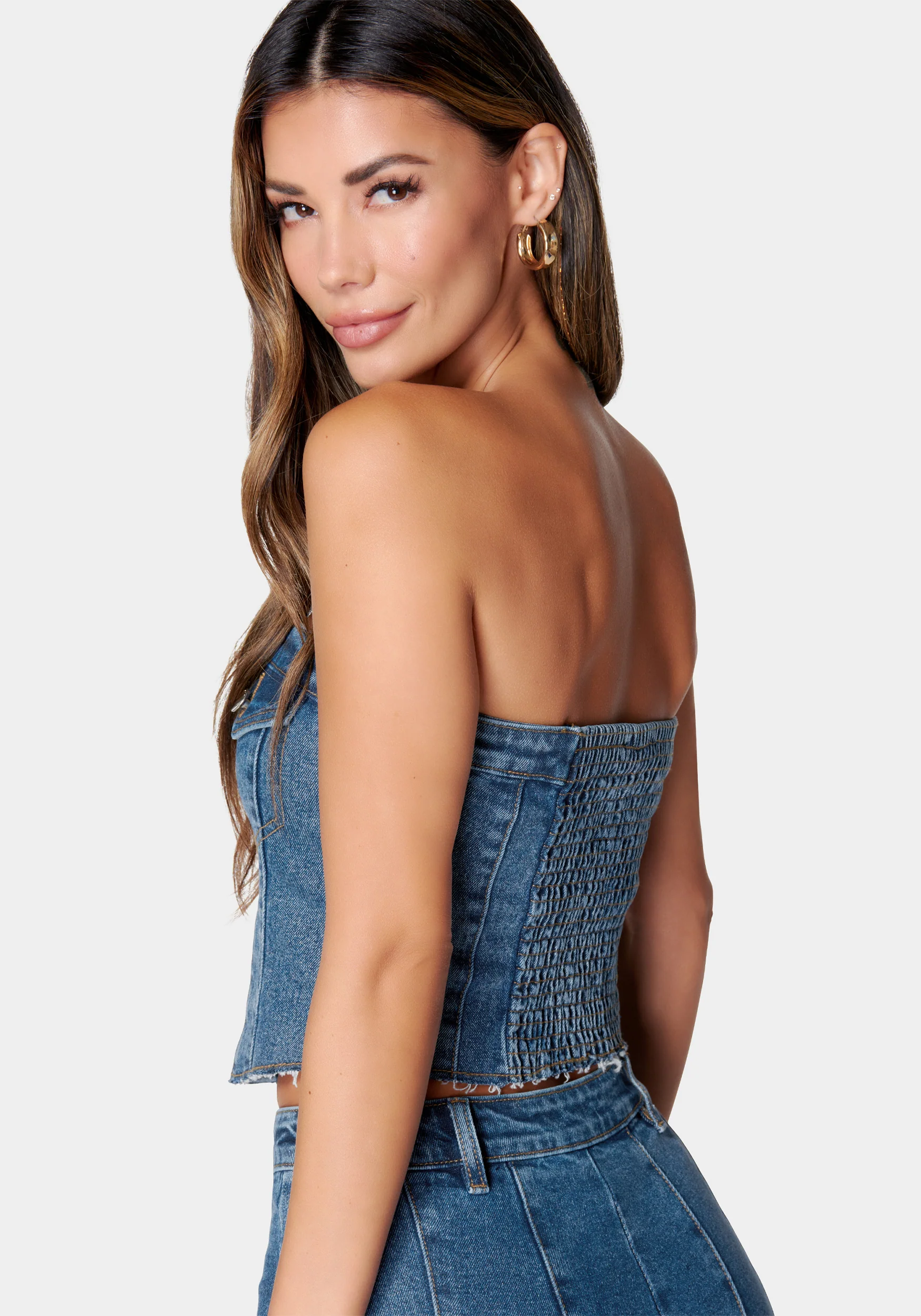 Zip Front Smocked Back Denim Bustier - Image 3
