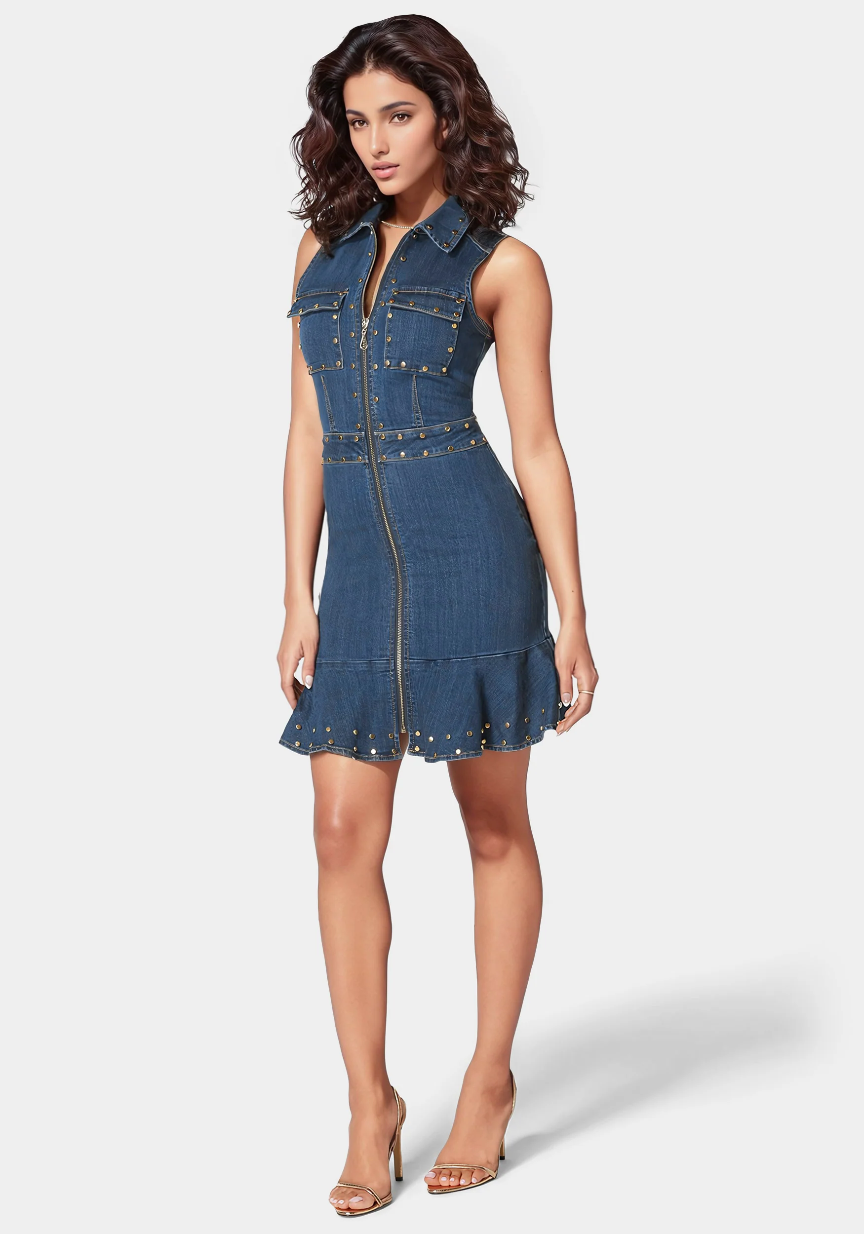 Zip Front Stud Detail Fit And Flare Denim Dress - Image 2