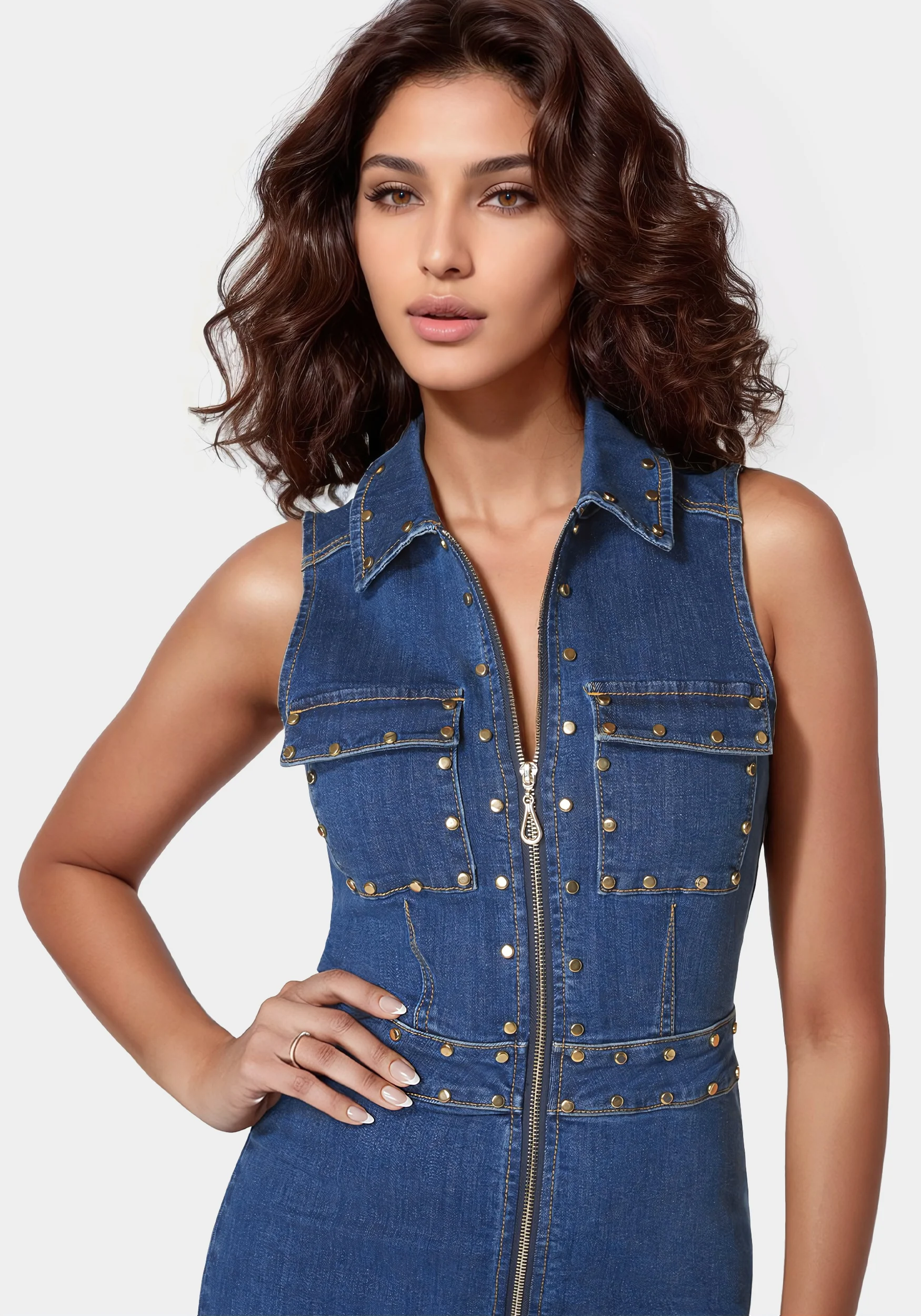 Zip Front Stud Detail Fit And Flare Denim Dress - Image 4
