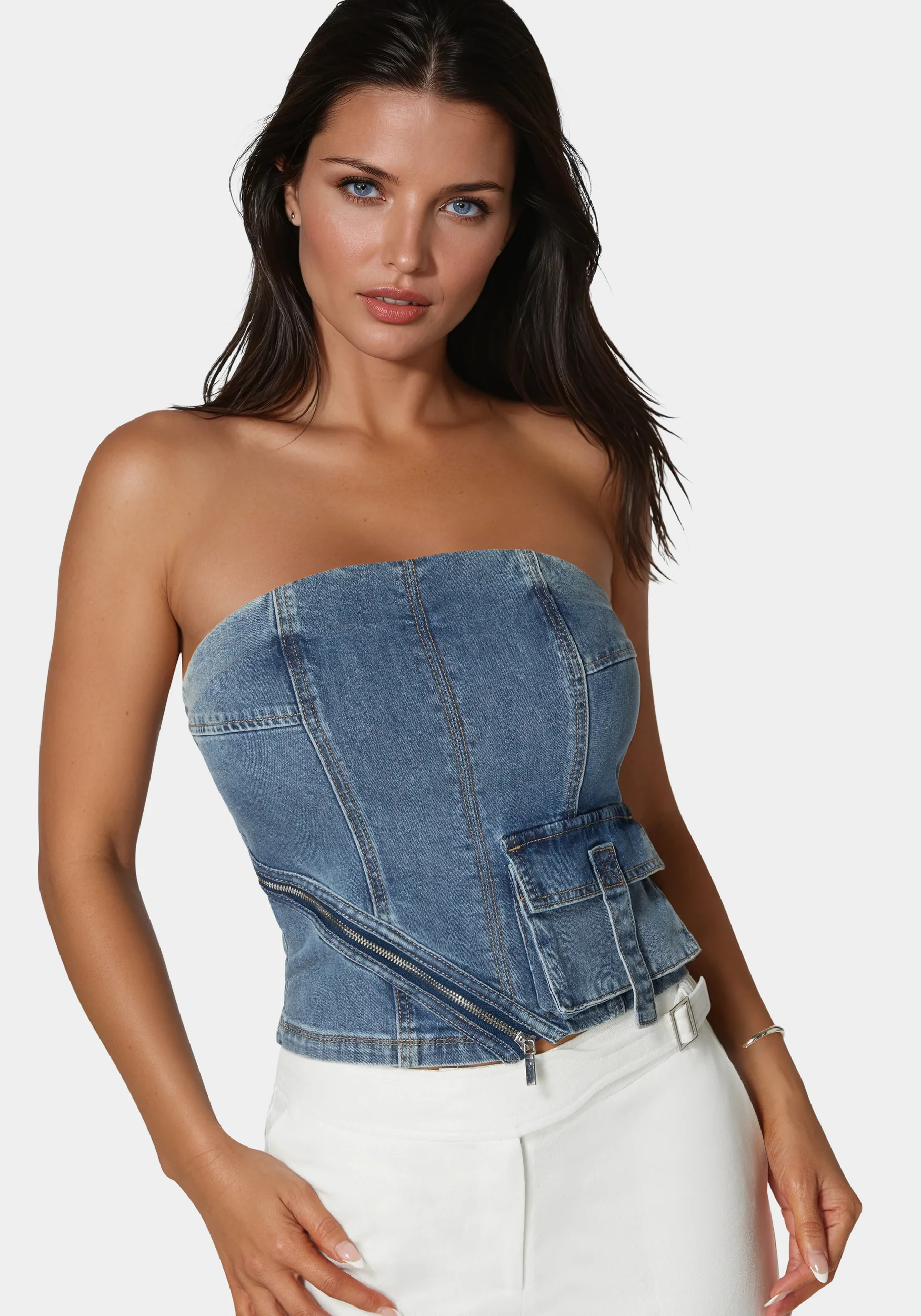 Zipper And Cargo Detail Denim Top - Image 3